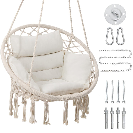Macrame Hammock Hanging Swinging Chair with Medium Cushion, Perfect for Bedroom, Porch, Adults, Balcony, Beige