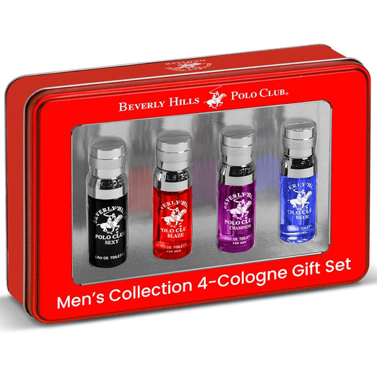 Beverly Hills Polo Club Men's 4-Cologne Gift Set | Diverse Scents & Deluxe Tin Box | Premium Eau de Toilette Collection for Him | Perfect Travel & Discovery Set