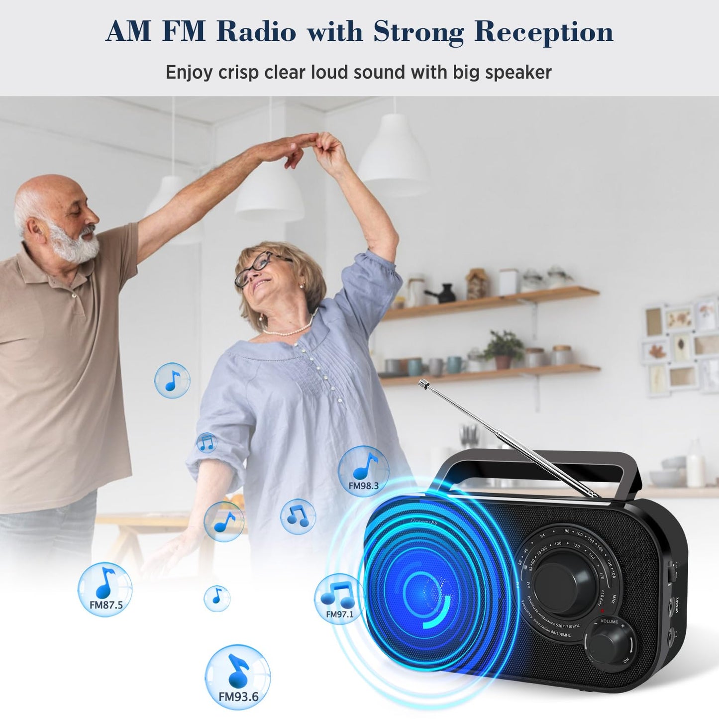 DreamSky AM FM Portable Radio Plug In Wall or Battery Operated for Home & Outdoor, Strong Reception & Sound, Large Dial Easy to Use, Transistor Antenna, Headphone Jack, Small Gifts for Seniors Elderly