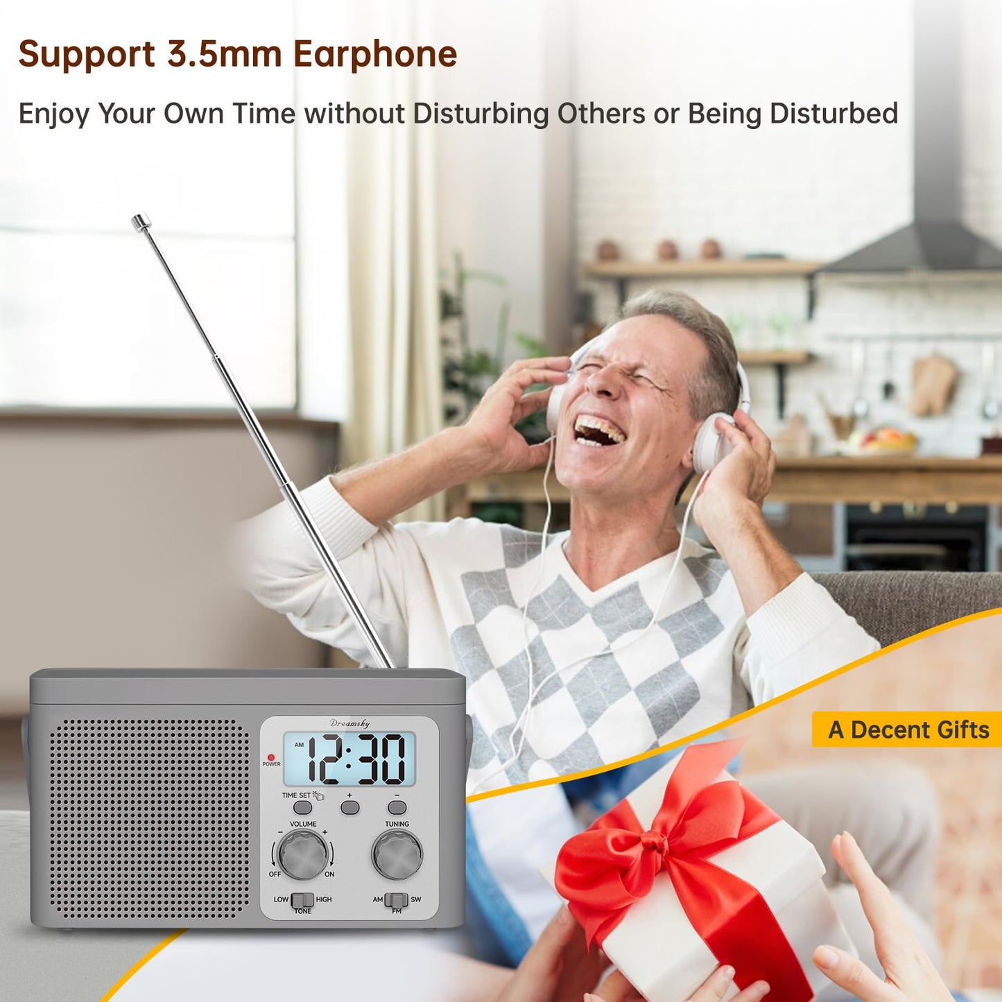 DreamSky AM FM Radio Portable - Shortwave Radio Battery Powered or Plug in Wall for Home Outdoor, Strong Reception, Large Dial Easy to Use, Digital Time Display, Transistor Antenna, Seniors Small Gift