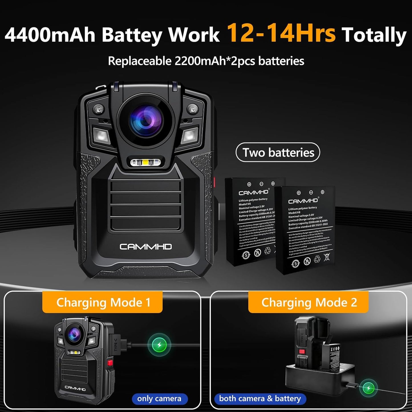 CAMMHD V8-128GB 4K Body Camera with Audio and Video Recording, 2160P Body Cam Two Battery 4400mAh Work 14H, H.265 Video Recorder, IP68 Waterproof, Night Vision Police Body Camera with Charging Dock