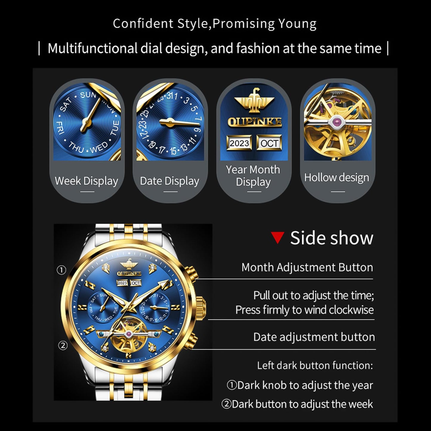 OUPINKE Men Skeleton Watch Automatic Mechanical Luxury Dress Waterproof Tourbillion Sapphire Crystal Wrist Watches for Men