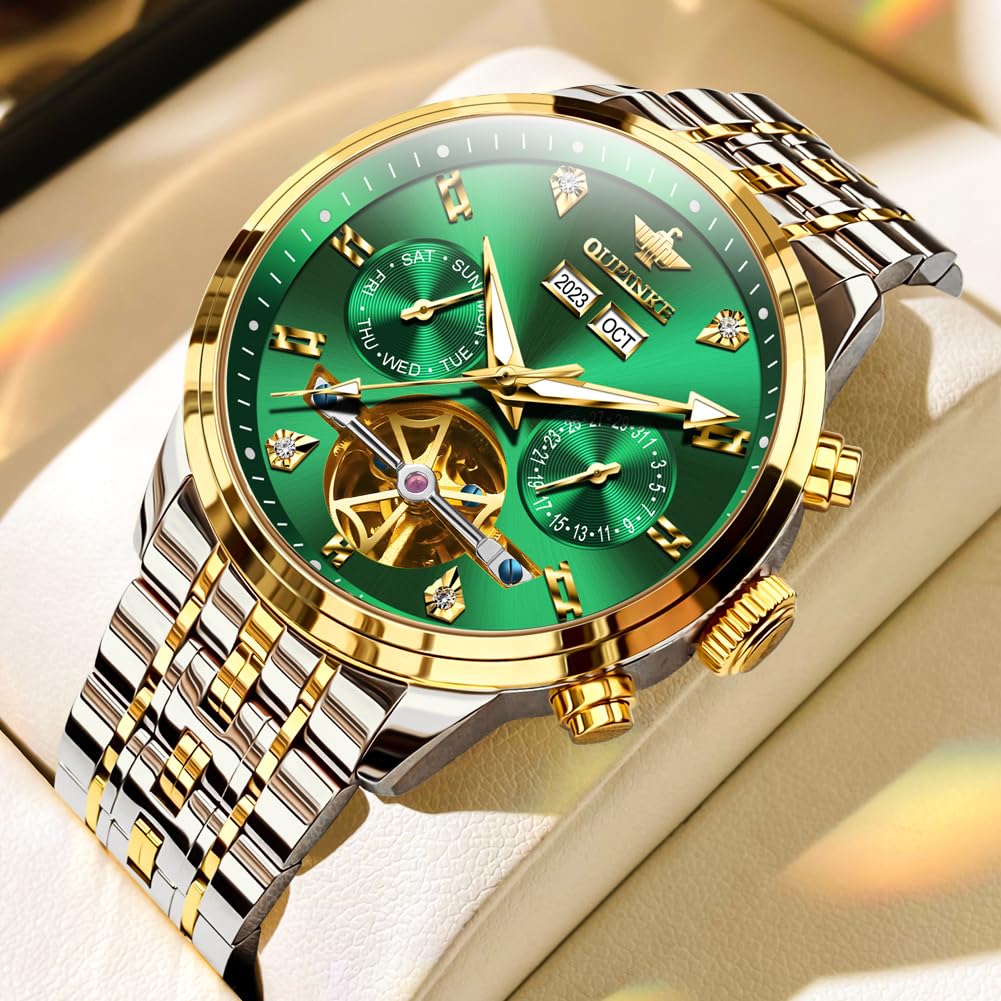 OUPINKE Men Skeleton Watch Automatic Mechanical Luxury Dress Waterproof Tourbillion Sapphire Crystal Wrist Watches for Men