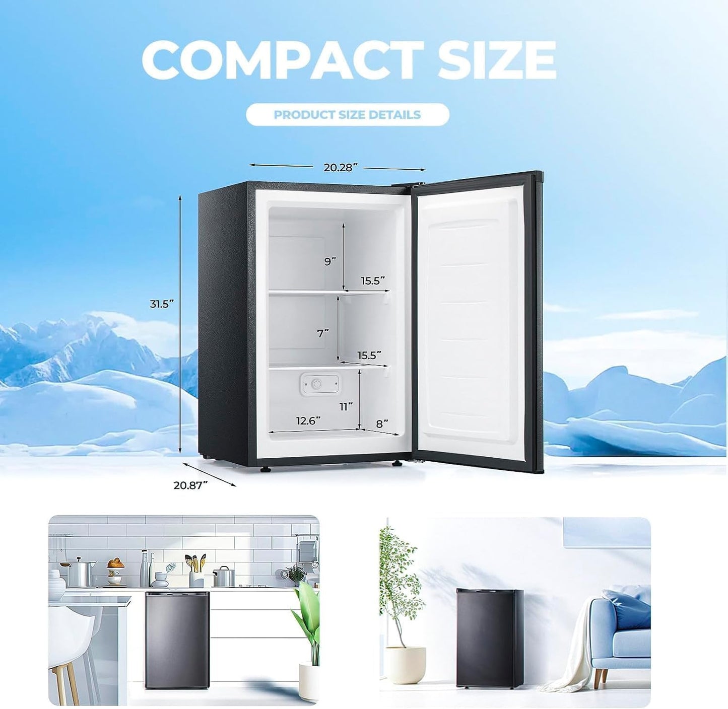 1.1 Cu.ft Upright Freezer, Small Mini Freezer with Adjustable Thermostat, Removable Shelves, Reversible Single Door, for Bedroom/Home/Dorms/Apartment, Silver