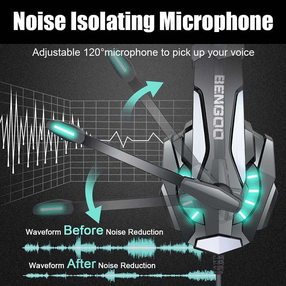 BENGOO G9000 Stereo Gaming Headset for PS4 PC Xbox One PS5 Controller, Noise Cancelling Over Ear Headphones with Mic, LED Light, 7.1 Surround Sound, Soft Memory Earmuffs for Nintendo Xbox Series X|S