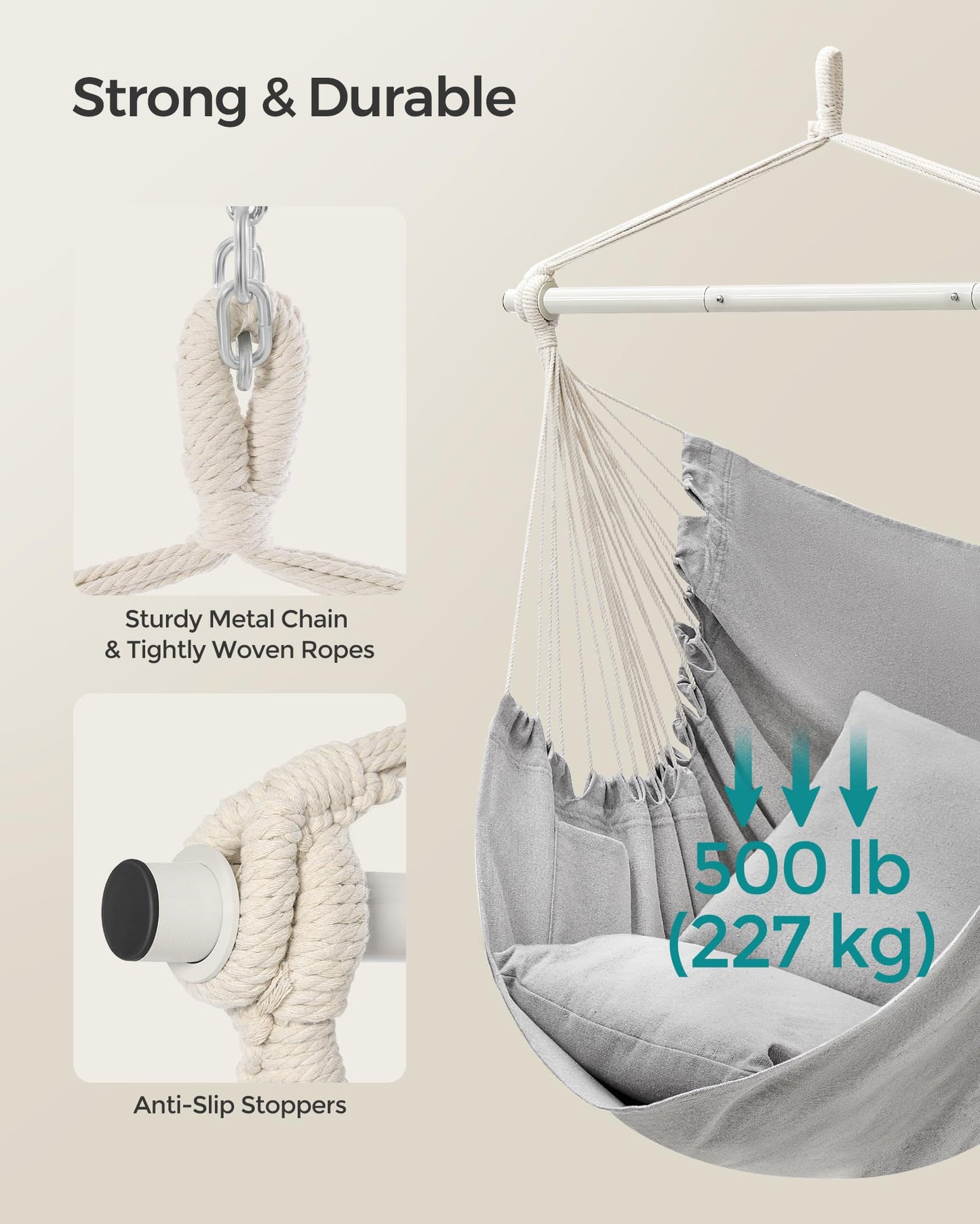 SONGMICS Hammock Chair, Load Capacity 500 lb, Hanging Chair with 2 Cushions, Large Hammock Swing with Chain and Pocket, for Indoor, Outdoor, Living Room, Bedroom, Slate Gray UGDC197G02