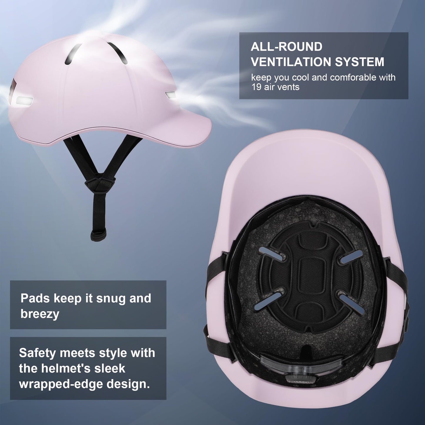 Bike Helmet Adult Men/Women-USB Rechargeable Rear Light CPSC/ASTM Certified 2 Removable Liners Adjustable Lightweight Baseball Cap Style for Youth Road&Mountain Biking Skating Scooter