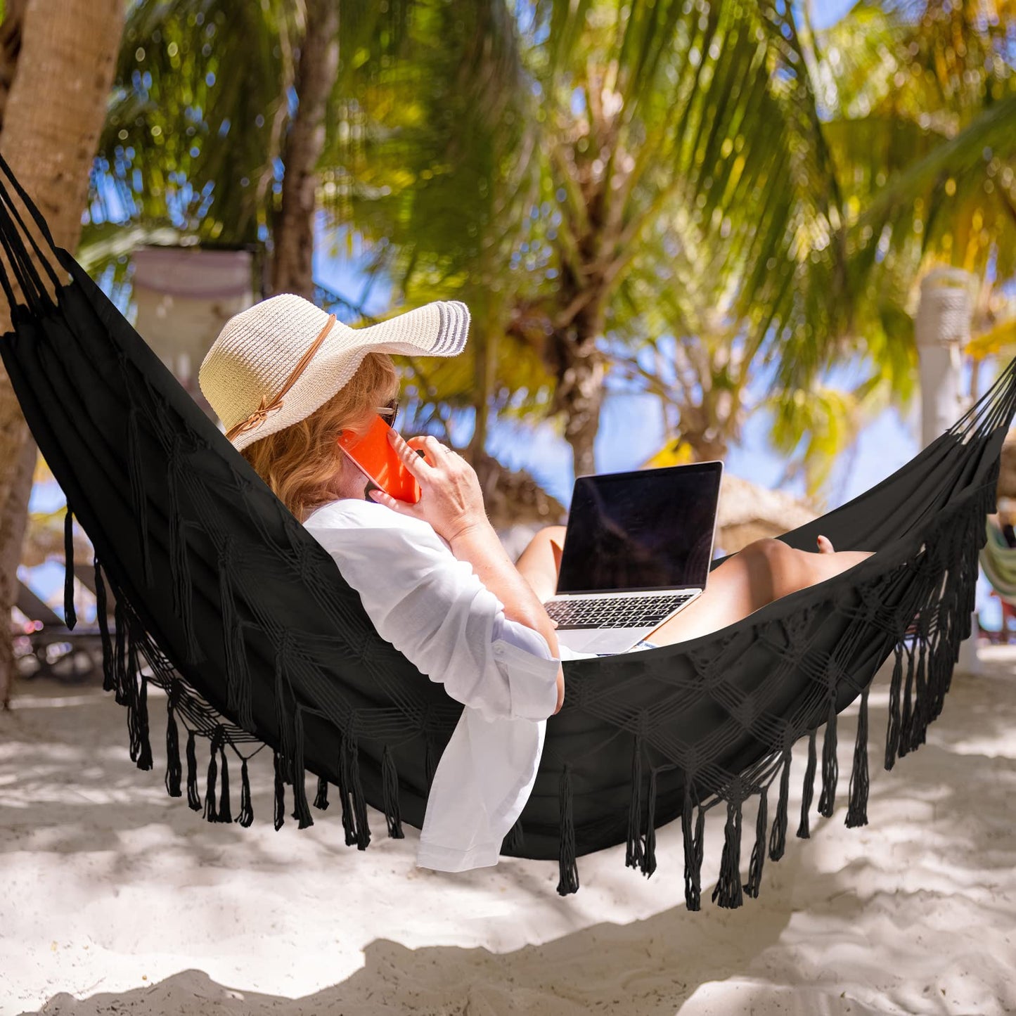 Bellzacasa Double Hammock, Heavy Duty 500 lb Load Capacity Tassels and Fishtail Knitting with Mounting Straps for Outdoor Camping Patio Balcony Beige