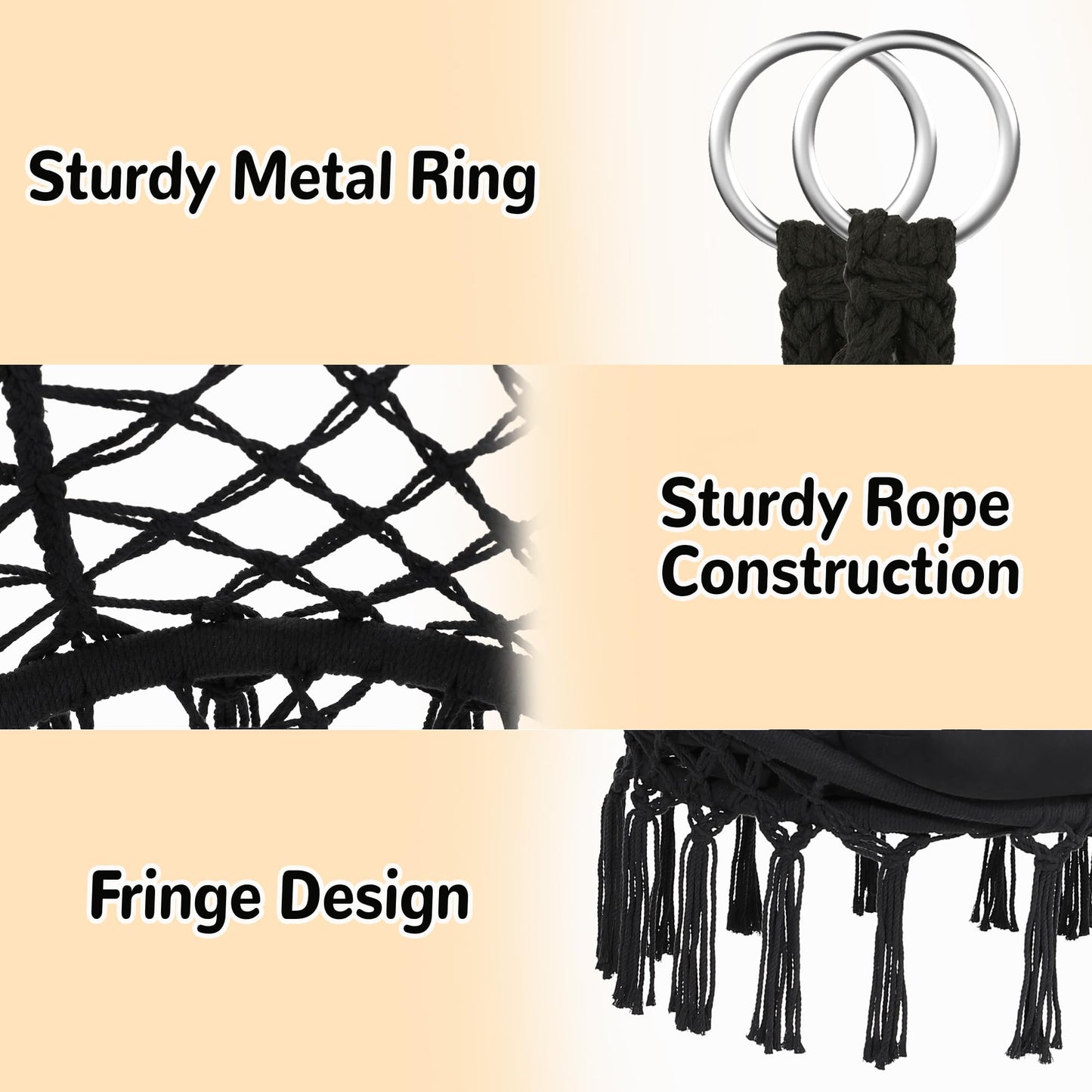 Macrame Hammock Hanging Swinging Chair with Medium Cushion, Perfect for Bedroom, Porch, Adults, Balcony, Beige