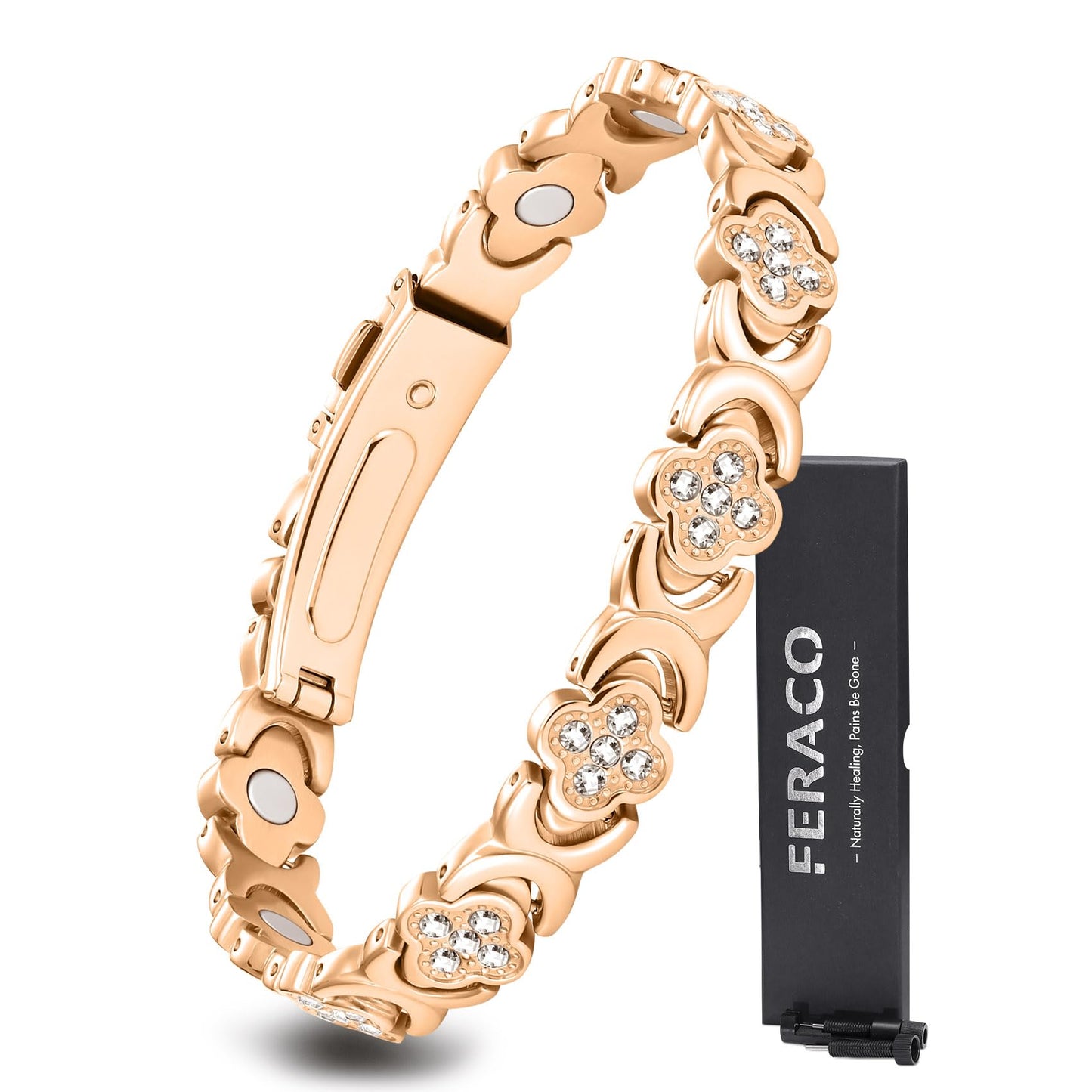 Feraco Pure Copper Bracelets for Women, Ultra Strength Magnetic Therapy Bracelet for Pain Relief with Neodymium Magnets & Sparkling Cubic Zirconia, Adjustable, Infinite Clover Jewelry