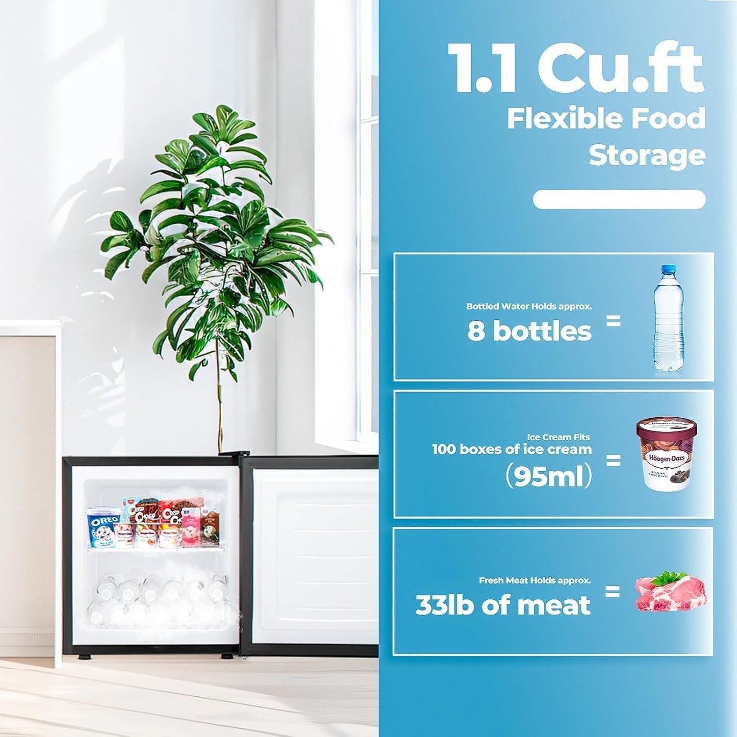 1.1 Cu.ft Upright Freezer, Small Mini Freezer with Adjustable Thermostat, Removable Shelves, Reversible Single Door, for Bedroom/Home/Dorms/Apartment, Silver