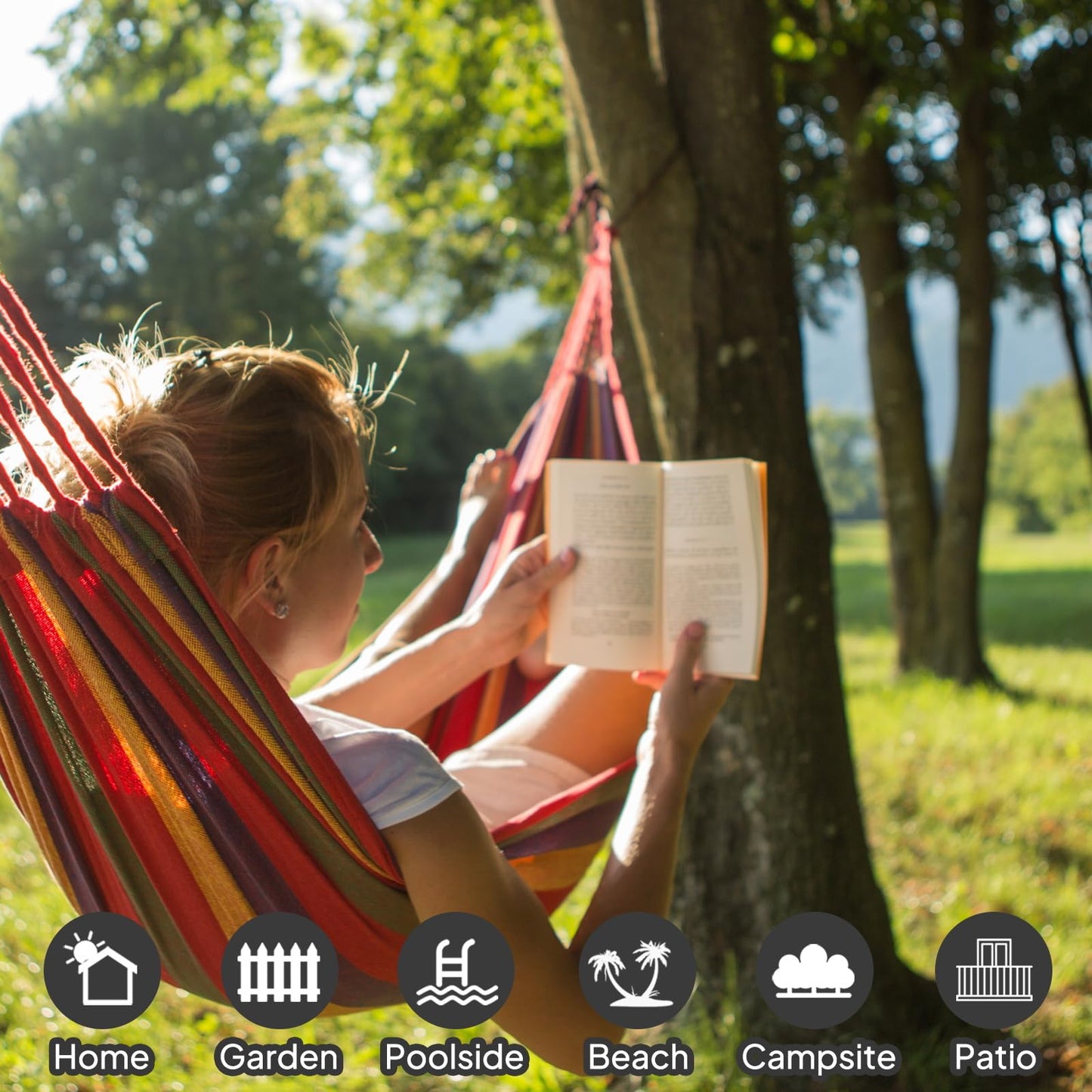 ANYOO Cotton Hammock Portable Camping Hammocks for Hanging Sturdy Garden Comfortable Fabric Hammock with Tree Straps Up to 660lbs with Travel Bag for Camping Outdoor/Indoor Patio Backyard