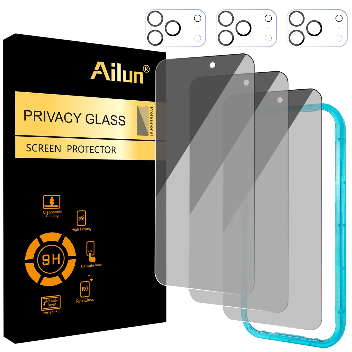 Ailun 3 Pack for iPhone 17 Pro Max Privacy Screen Protector [6.9 inch]+ 3 Pack Camera Lens Protector with Installation Frame,Dynamic Island Compatible,Anti Spy Tempered Glass[9H Hardness]-HD