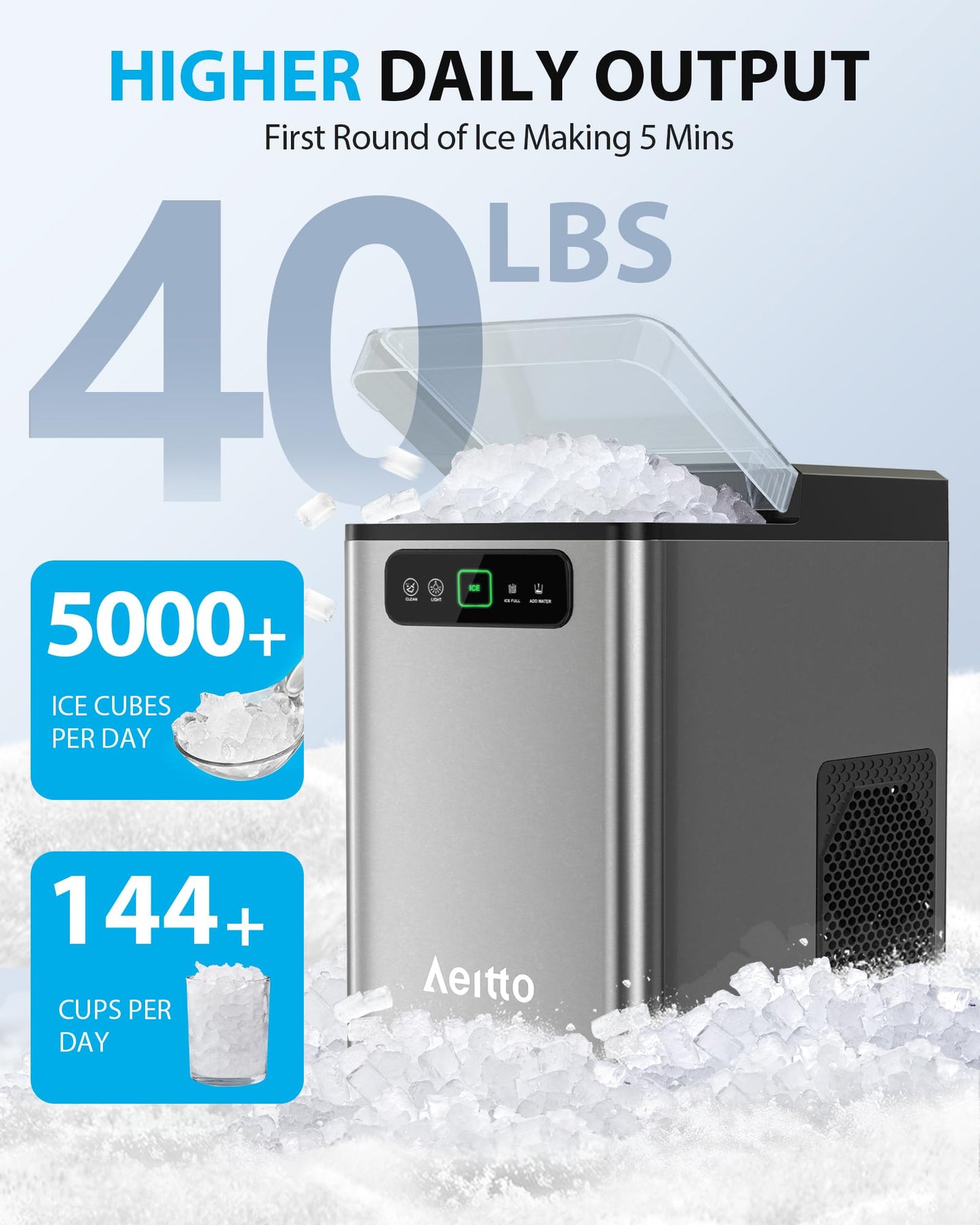Aeitto Nugget Ice Maker Countertop, Pellet Ice Machine Soft Chewable Ice 40lbs/Day, One-Click Operation, Auto Self-Cleaning Crushed Ice Makers Stainless with Scoop for Home/Kitchen/Office (Grey)