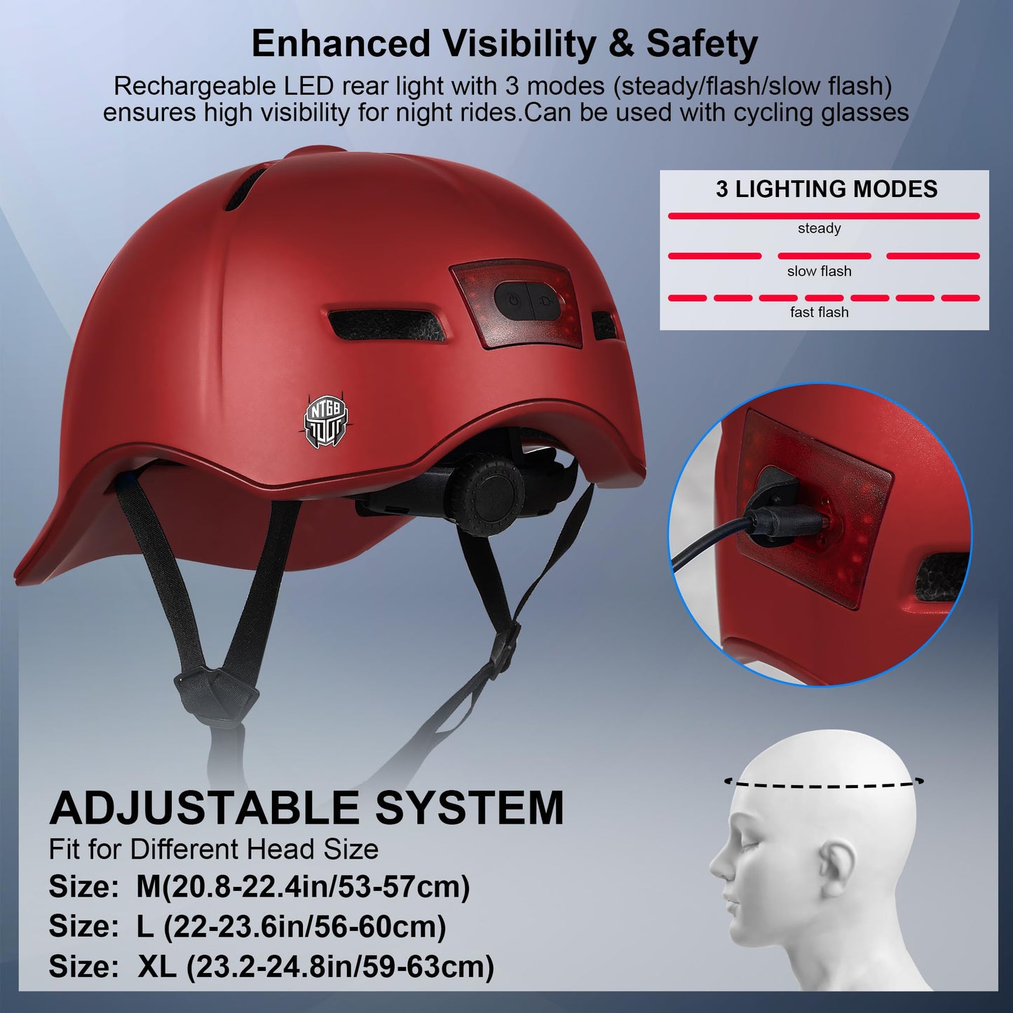 Bike Helmet Adult Men/Women-USB Rechargeable Rear Light CPSC/ASTM Certified 2 Removable Liners Adjustable Lightweight Baseball Cap Style for Youth Road&Mountain Biking Skating Scooter