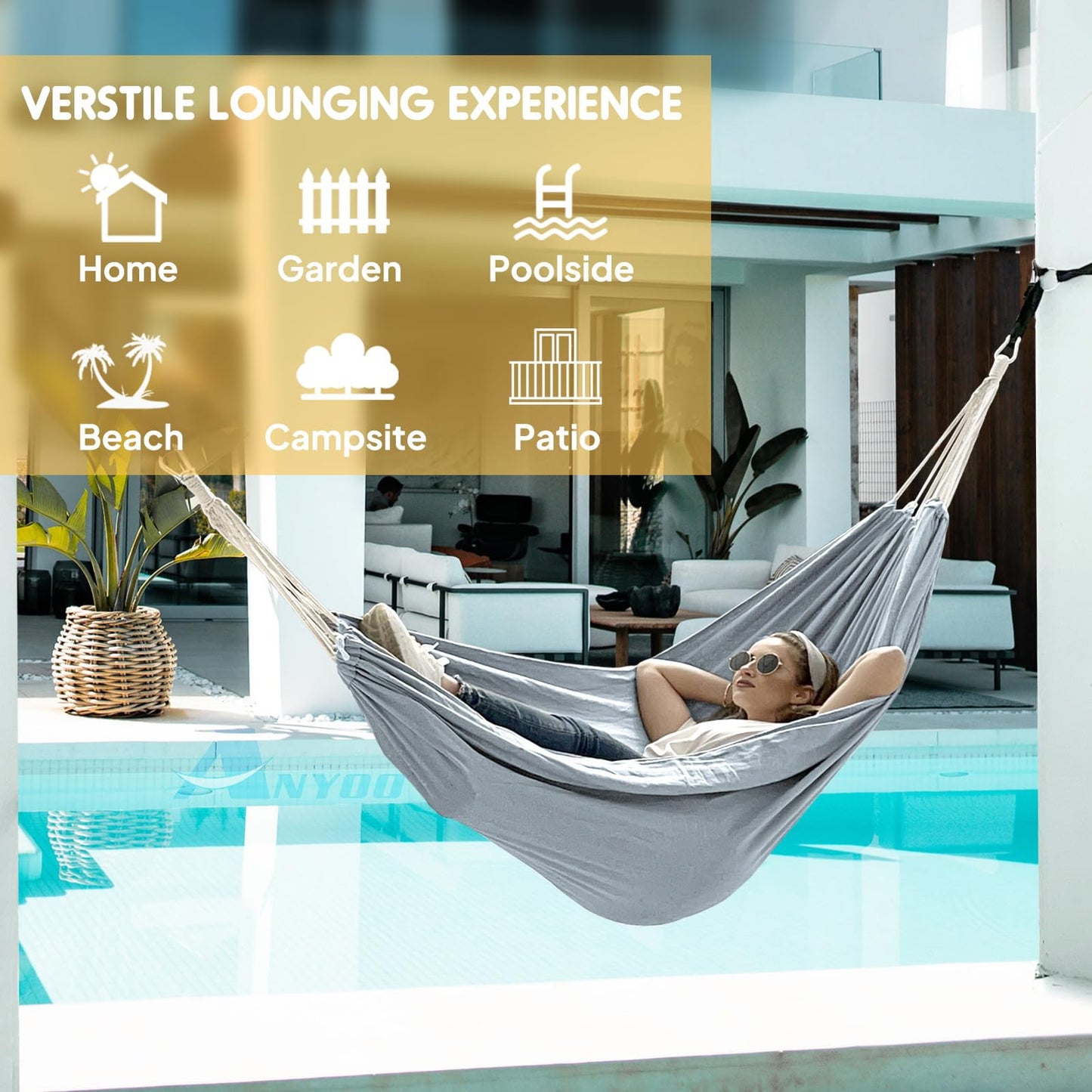 ANYOO Cotton Hammock Portable Camping Hammocks for Hanging Sturdy Garden Comfortable Fabric Hammock with Tree Straps Up to 660lbs with Travel Bag for Camping Outdoor/Indoor Patio Backyard