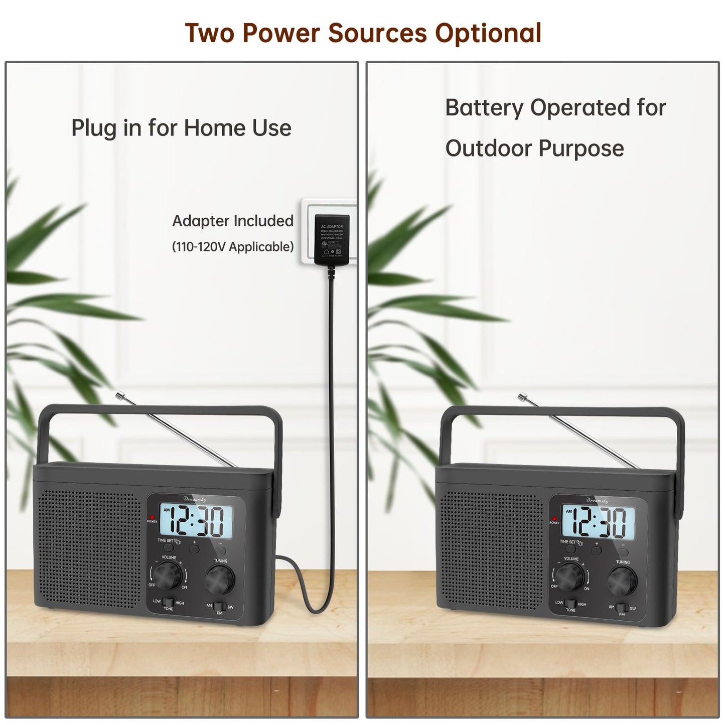 DreamSky AM FM Radio Portable - Shortwave Radio Battery Powered or Plug in Wall for Home Outdoor, Strong Reception, Large Dial Easy to Use, Digital Time Display, Transistor Antenna, Seniors Small Gift