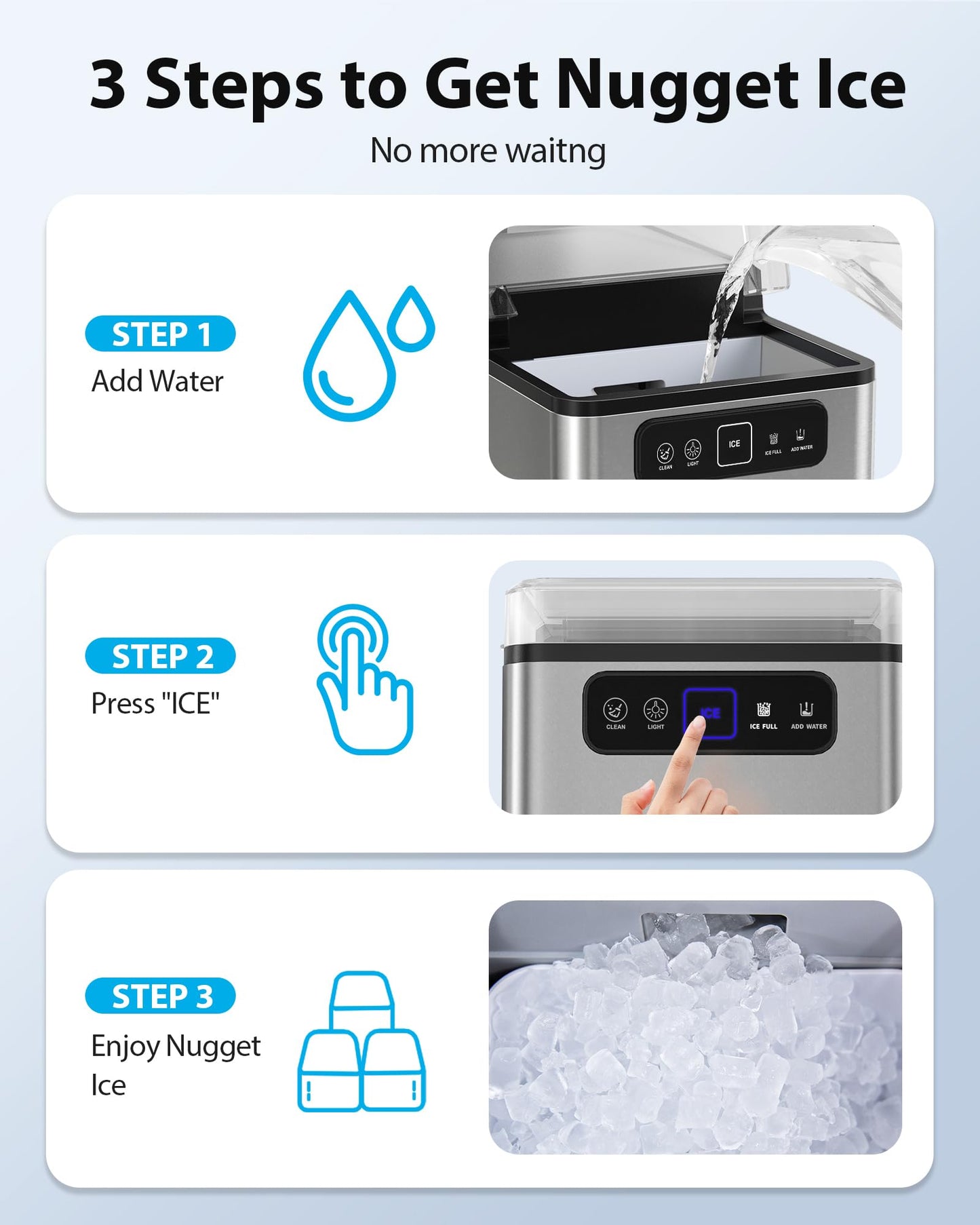 Aeitto Nugget Ice Maker Countertop, Pellet Ice Machine Soft Chewable Ice 40lbs/Day, One-Click Operation, Auto Self-Cleaning Crushed Ice Makers Stainless with Scoop for Home/Kitchen/Office (Grey)
