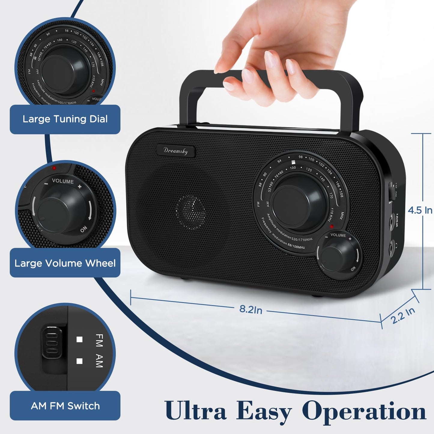 DreamSky AM FM Portable Radio Plug In Wall or Battery Operated for Home & Outdoor, Strong Reception & Sound, Large Dial Easy to Use, Transistor Antenna, Headphone Jack, Small Gifts for Seniors Elderly