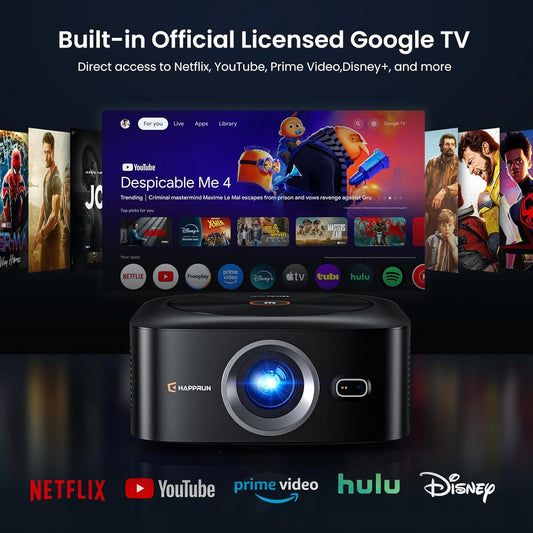 1500 ANSI Official Licensed Google TV Smart Projector, HAPPRUN 4K Full HD Home Theater with Auto Focus, Dolby Sound, Wi-Fi Bluetooth, Built-in Apps, Compatible with Phone & PC, Indoor & Outdoor Use