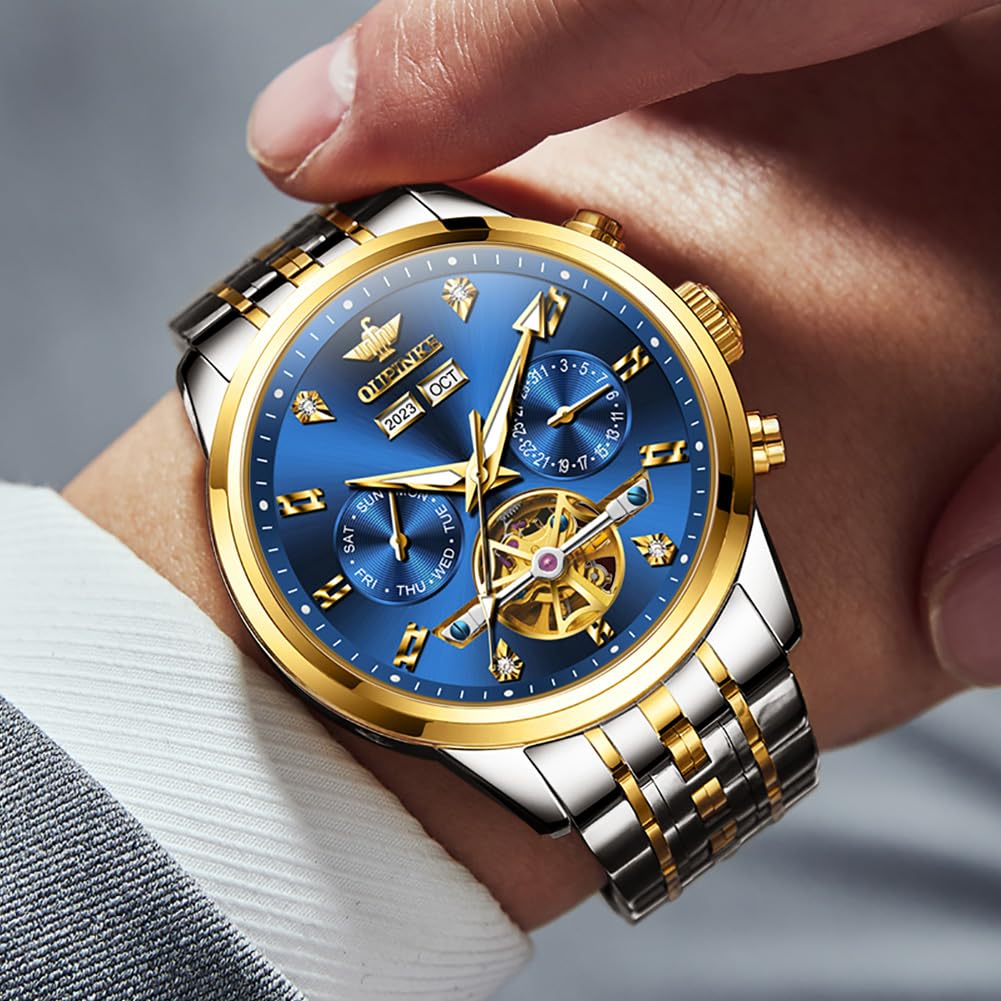 OUPINKE Men Skeleton Watch Automatic Mechanical Luxury Dress Waterproof Tourbillion Sapphire Crystal Wrist Watches for Men