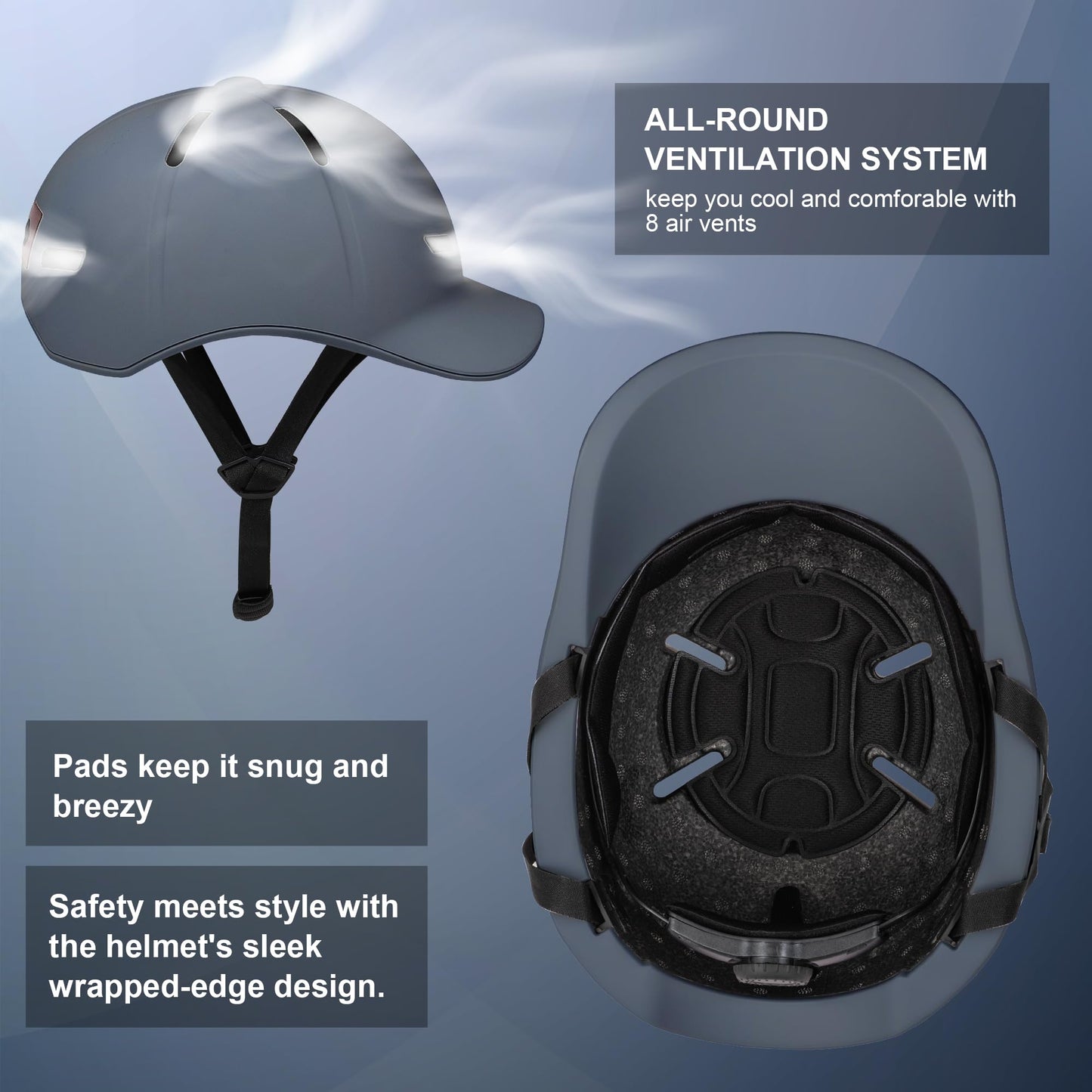 Bike Helmet Adult Men/Women-USB Rechargeable Rear Light CPSC/ASTM Certified 2 Removable Liners Adjustable Lightweight Baseball Cap Style for Youth Road&Mountain Biking Skating Scooter