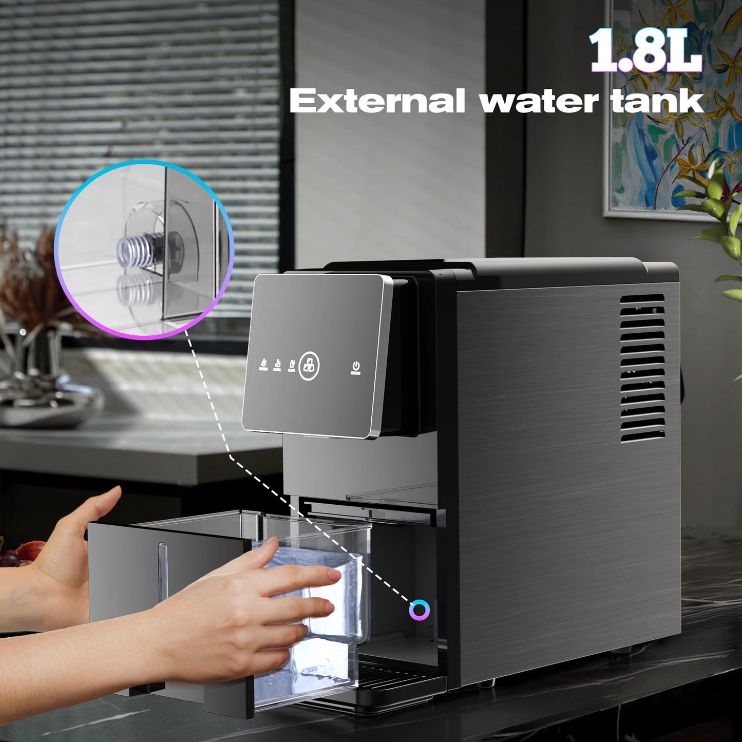 Kismile Countertop Nugget Ice Maker, 33LBS/24H, Soft Chewable Ice, One-Click, One-Touch Automatic Ice Dispensing, Self-Cleaning, 1.8L Removable Water Tank, Ideal for Home/Kitchen/Bar/Office