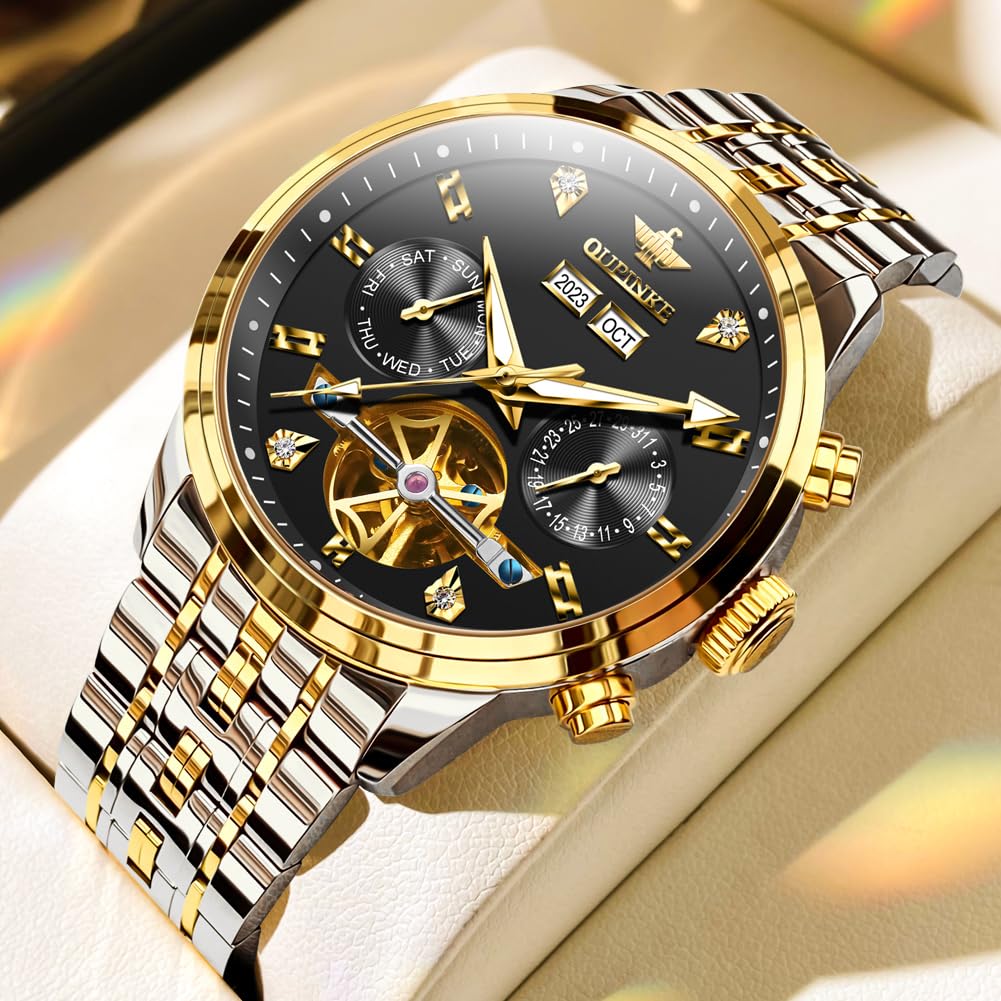 OUPINKE Men Skeleton Watch Automatic Mechanical Luxury Dress Waterproof Tourbillion Sapphire Crystal Wrist Watches for Men