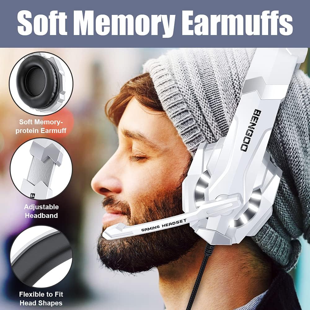 BENGOO G9000 Stereo Gaming Headset for PS4 PC Xbox One PS5 Controller, Noise Cancelling Over Ear Headphones with Mic, LED Light, 7.1 Surround Sound, Soft Memory Earmuffs for Nintendo Xbox Series X|S