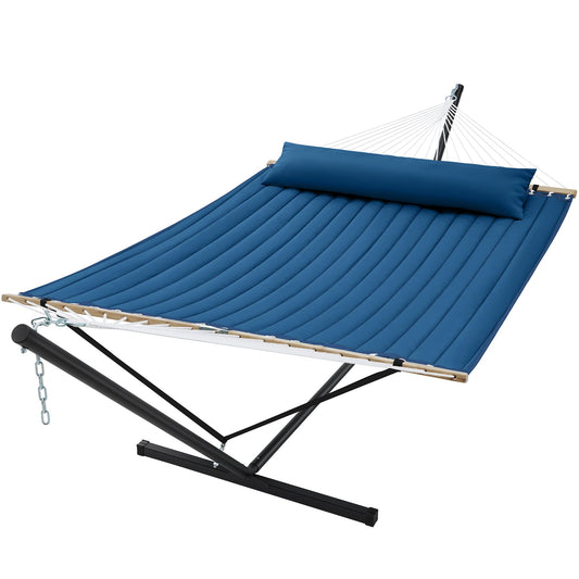 SUPERJARE Hammock with Stand, 2 Person Quilted Outdoor Hammock, Detachable Pillow & Bamboo Spreaders, Portable Hammock with Carrying Bag, Heavy Duty Stand, Perfect for Outside, Patio, Navy Blue