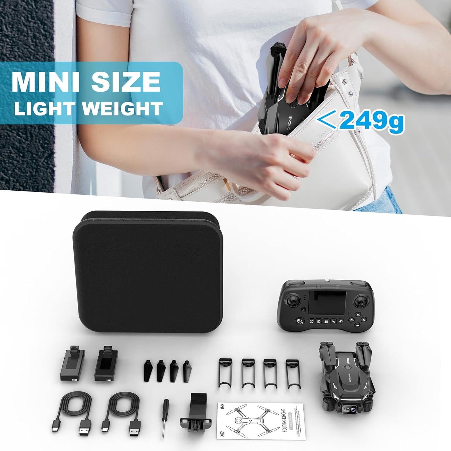 Drone with Camera - Drone with Screen on Controller for Beginners, Foldable Remote Control Quadcopter with Gesture Control, 3D Flip, One Key Start, Emergency Stop, 2 Batteries, Easier to use to use