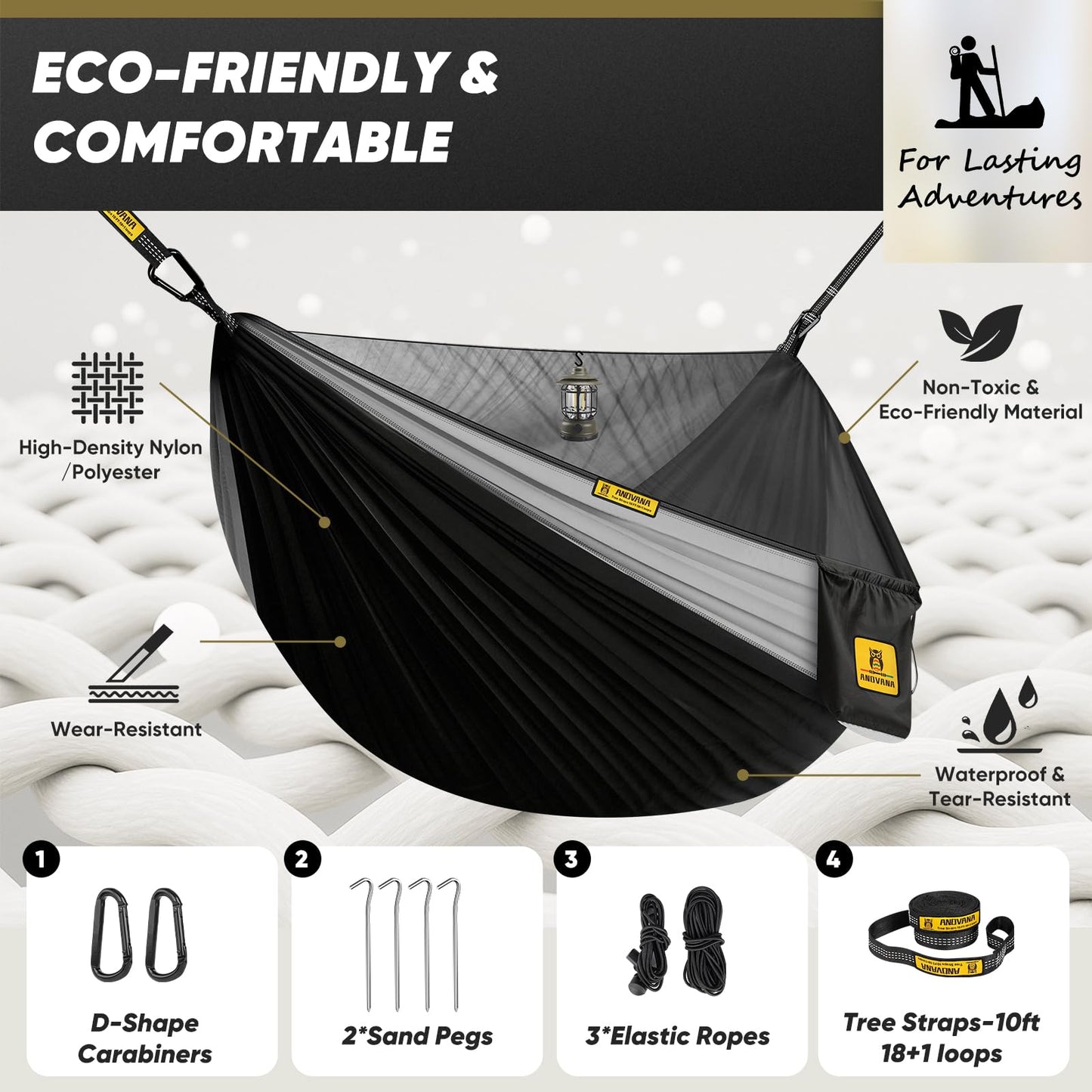 Camping Hammock with Mosquito Net, 600 lbs Portable Hammock with Tree Straps, 2-in-1 Double/Single Travel Hammock Tent for Outside/Indoor/Backpacking/Beach - Black & Grey
