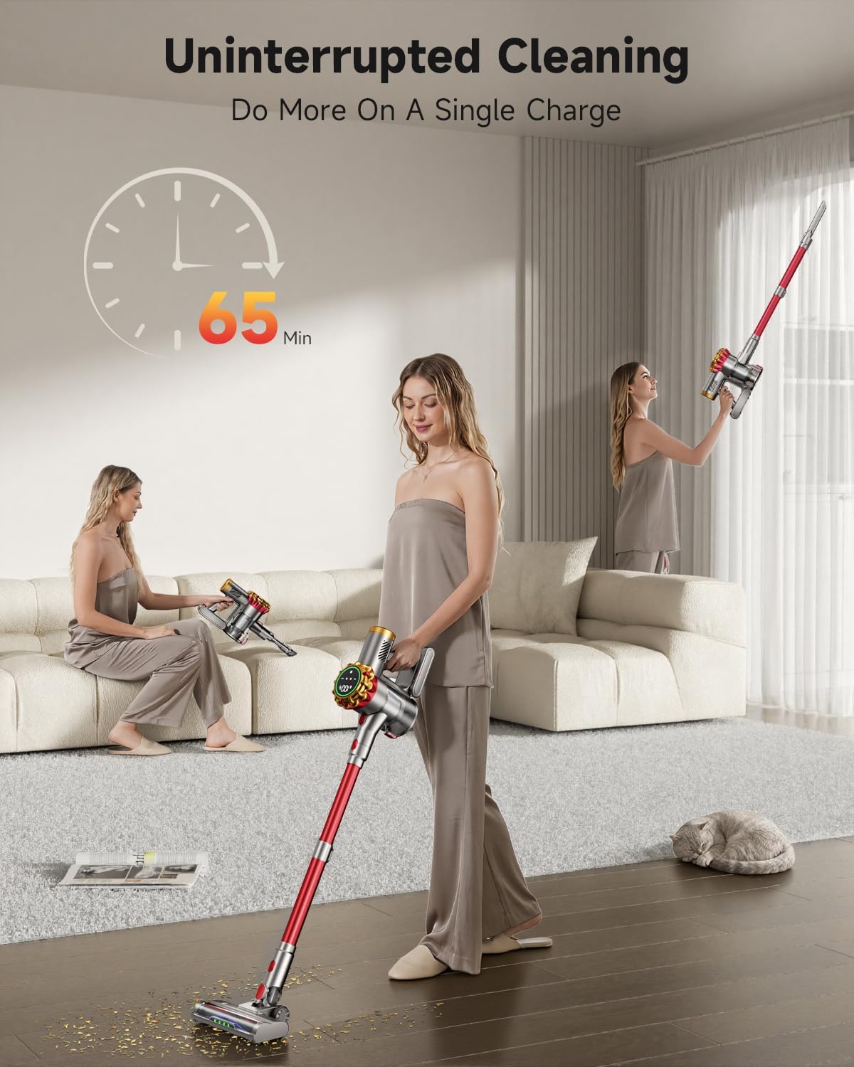 Cordless Vacuum Cleaner 580W 50Kpa Vacuum Cleaners for Home, 65 Mins Battery Stick Vacuum Anti-Tangle, Self-Standing, 8-in-1 Lightweight Vacuum for Hardwood Floor/Carpet/Pet Hair