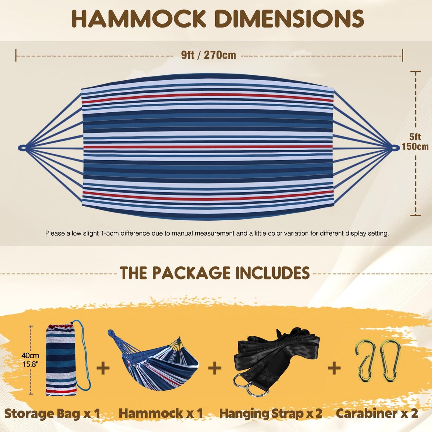 ANYOO Cotton Hammock Portable Camping Hammocks for Hanging Sturdy Garden Comfortable Fabric Hammock with Tree Straps Up to 660lbs with Travel Bag for Camping Outdoor/Indoor Patio Backyard