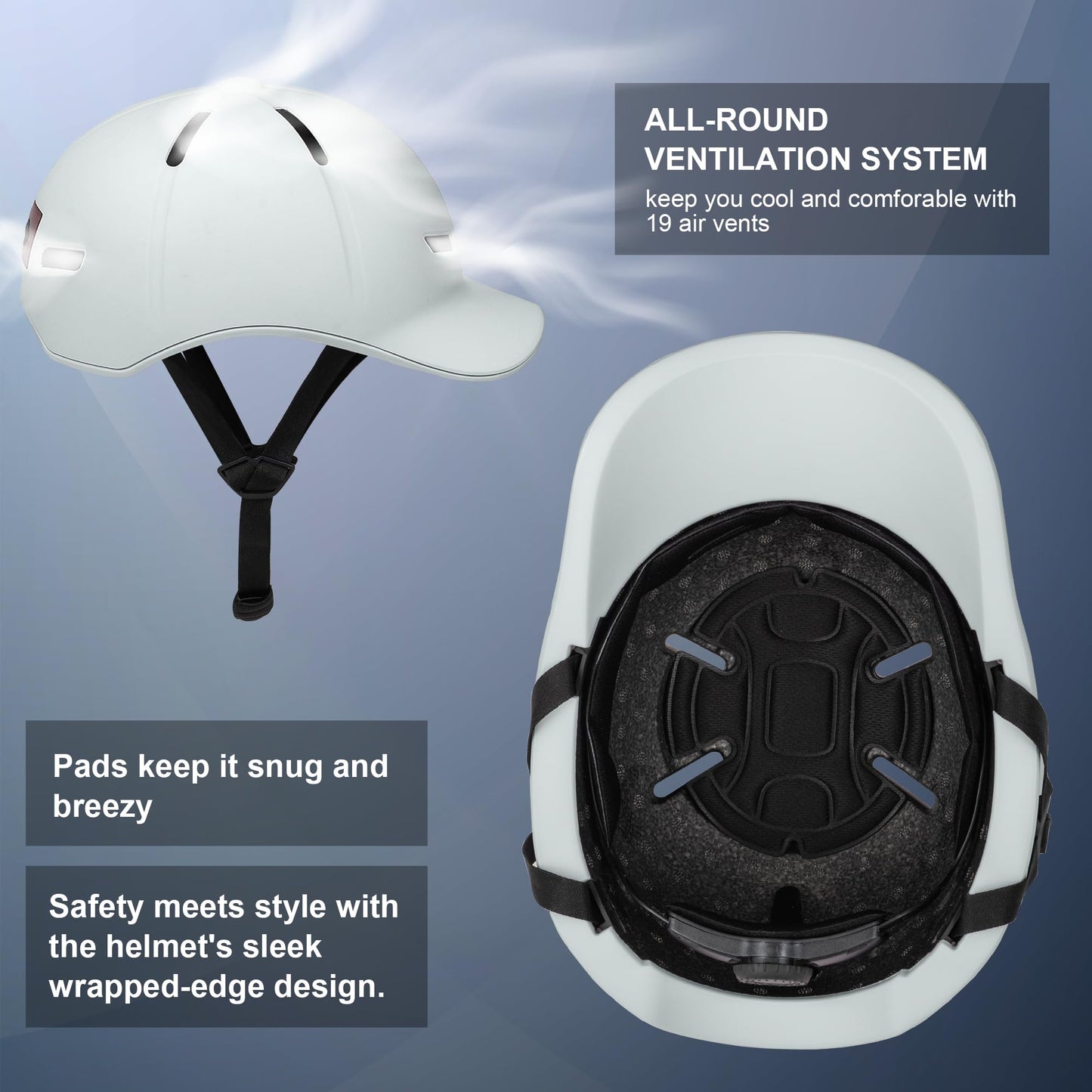 Bike Helmet Adult Men/Women-USB Rechargeable Rear Light CPSC/ASTM Certified 2 Removable Liners Adjustable Lightweight Baseball Cap Style for Youth Road&Mountain Biking Skating Scooter