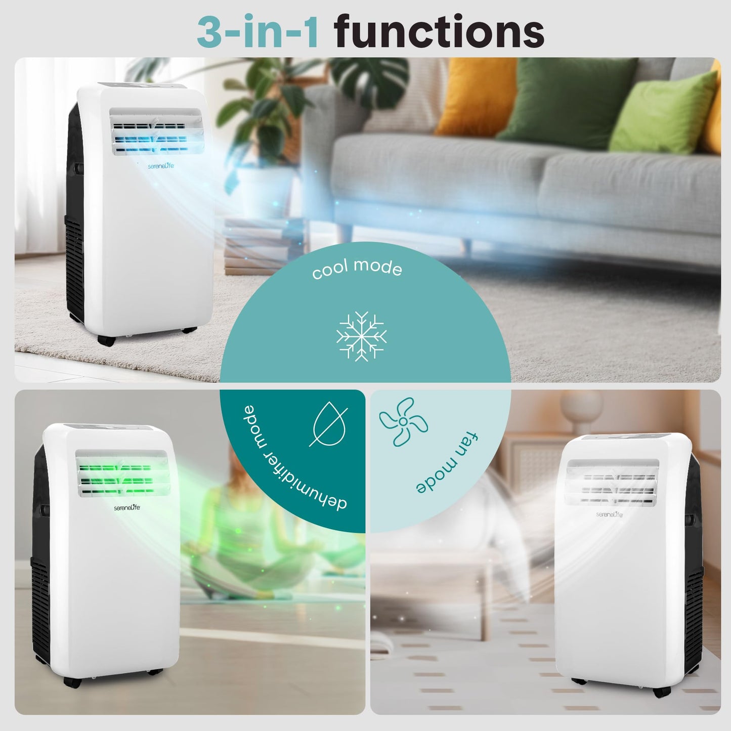 SereneLife 3-in-1 Portable Air Conditioner with Built-in Dehumidifier Function,Fan Mode, Remote Control, Complete Window Mount Exhaust Kit