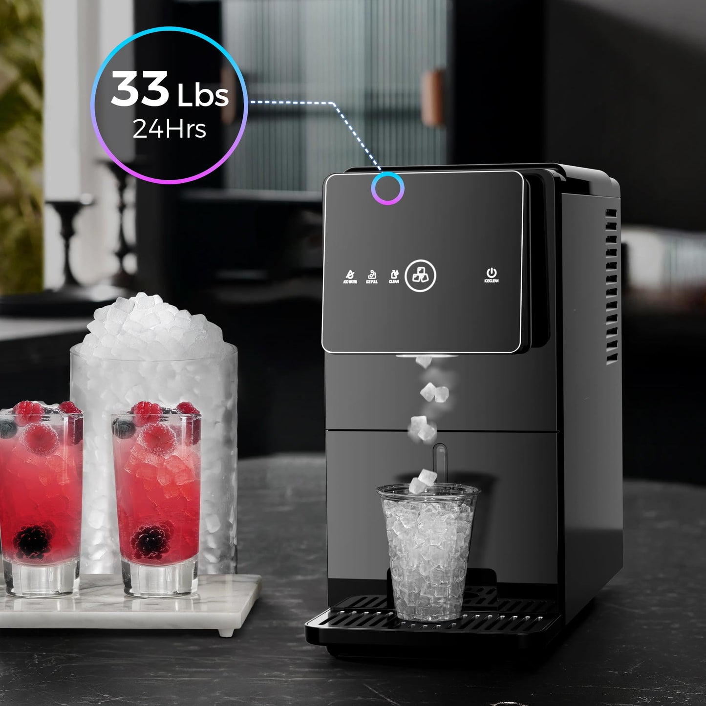 Kismile Countertop Nugget Ice Maker, 33LBS/24H, Soft Chewable Ice, One-Click, One-Touch Automatic Ice Dispensing, Self-Cleaning, 1.8L Removable Water Tank, Ideal for Home/Kitchen/Bar/Office