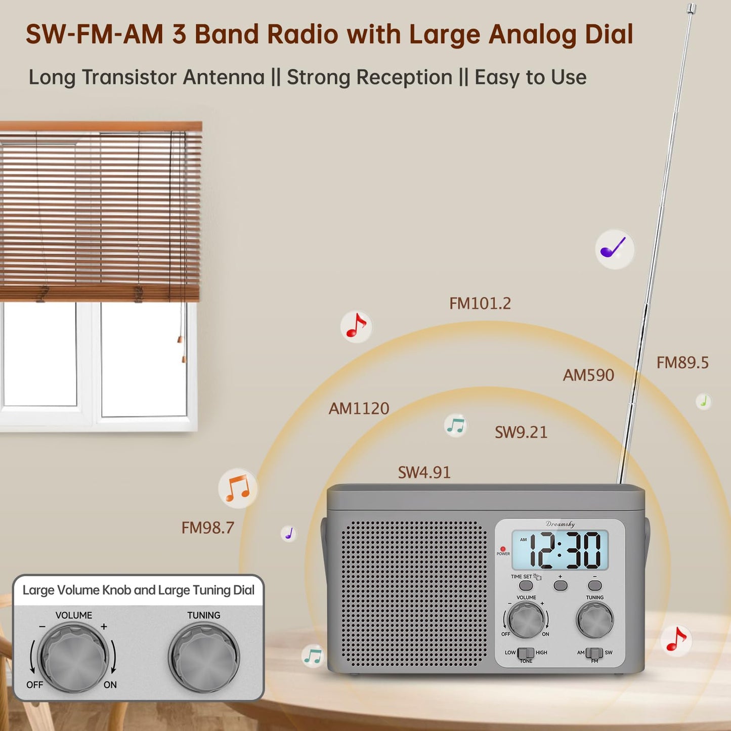 DreamSky AM FM Radio Portable - Shortwave Radio Battery Powered or Plug in Wall for Home Outdoor, Strong Reception, Large Dial Easy to Use, Digital Time Display, Transistor Antenna, Seniors Small Gift