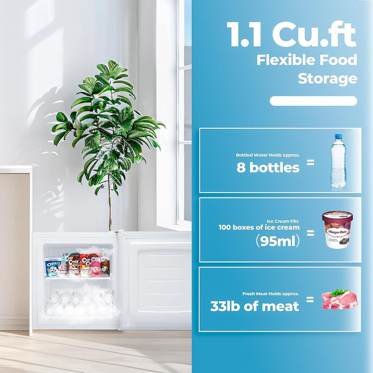 1.1 Cu.ft Upright Freezer, Small Mini Freezer with Adjustable Thermostat, Removable Shelves, Reversible Single Door, for Bedroom/Home/Dorms/Apartment, Silver