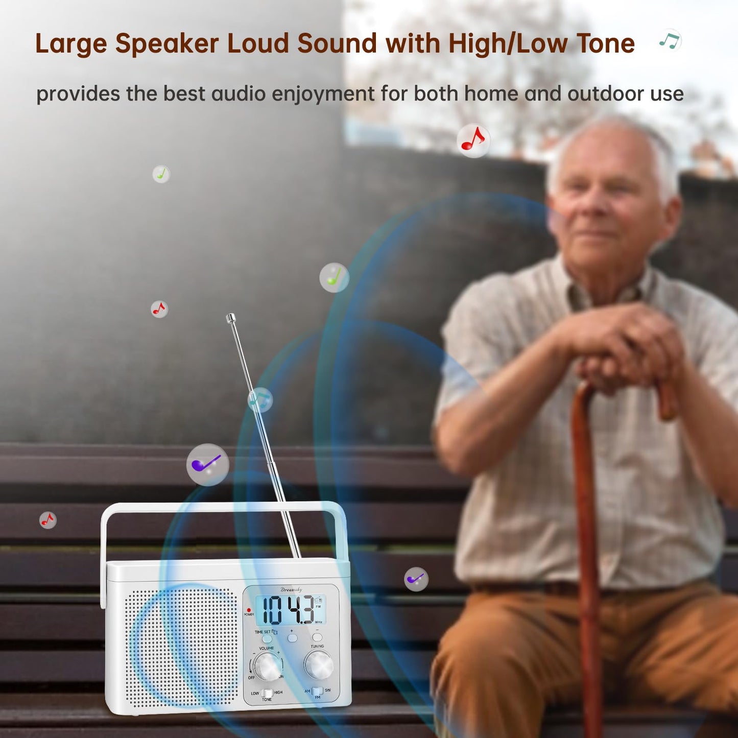 DreamSky AM FM Radio Portable - Shortwave Radio Battery Powered or Plug in Wall for Home Outdoor, Strong Reception, Large Dial Easy to Use, Digital Time Display, Transistor Antenna, Seniors Small Gift