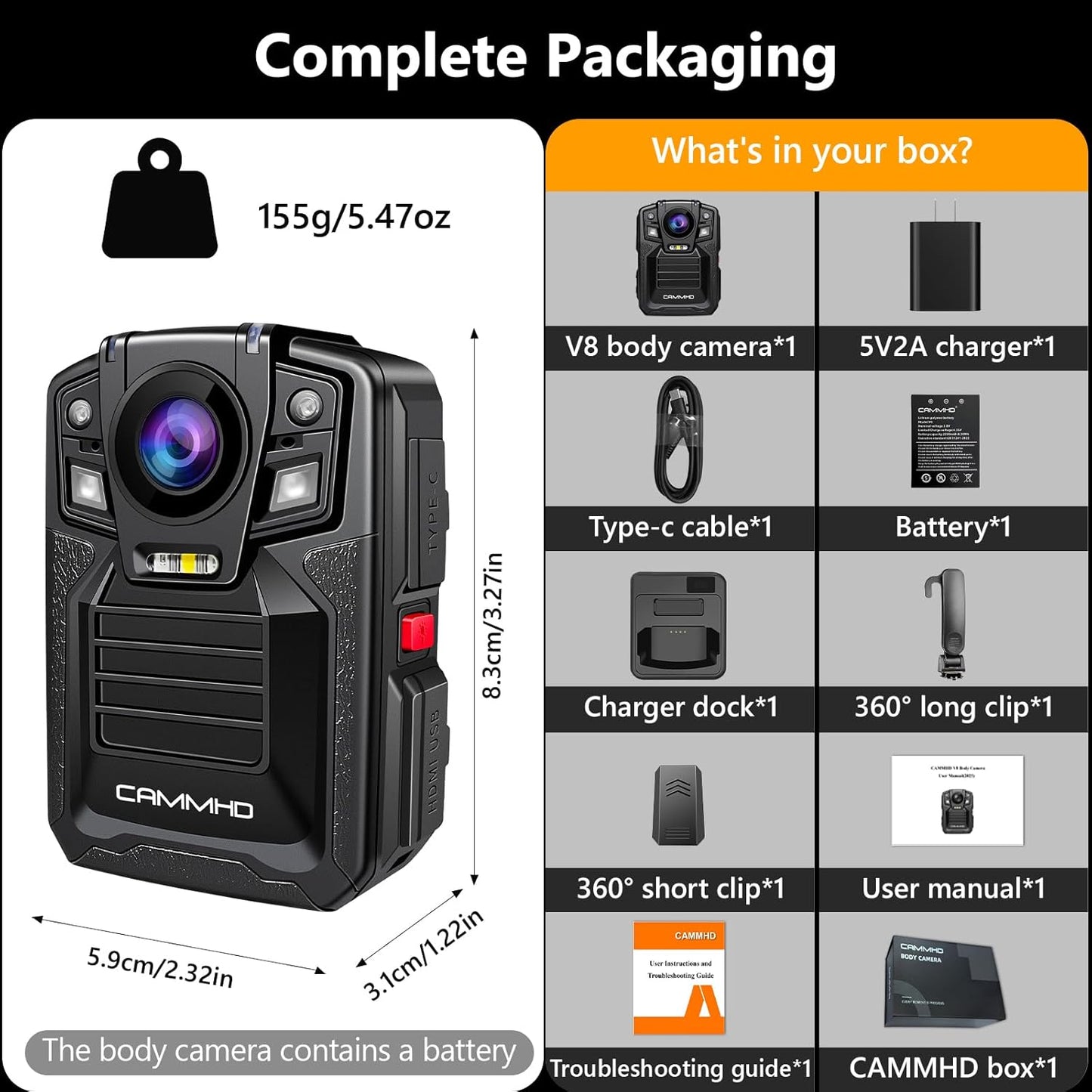 CAMMHD V8-128GB 4K Body Camera with Audio and Video Recording, 2160P Body Cam Two Battery 4400mAh Work 14H, H.265 Video Recorder, IP68 Waterproof, Night Vision Police Body Camera with Charging Dock