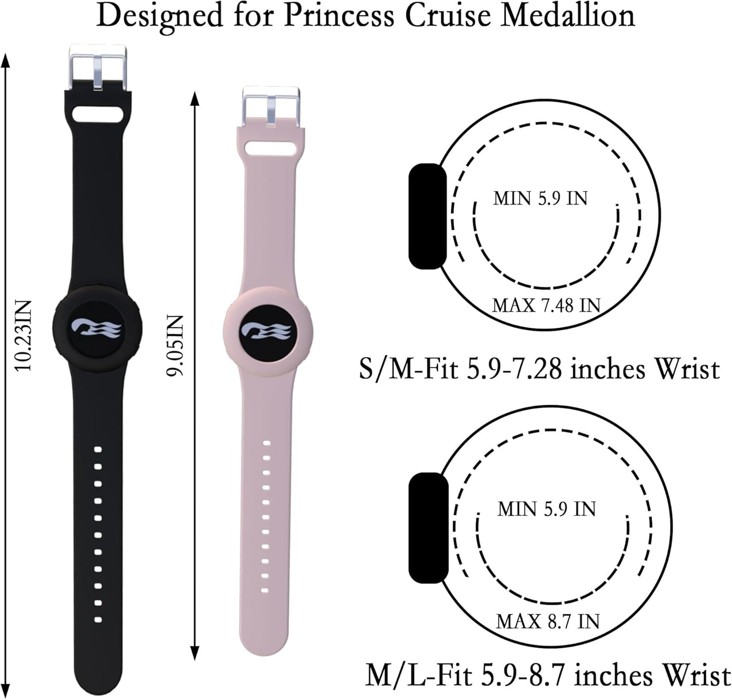 4 Pack Princess Cruise Medallion Holders for Kids and Adults, Silicone Wristbands for Carnival Ocean Medallion - 2 Sizes (S/M and M/L) in One Pack, Black and Dark Blue (M/L), Pink and White (S/M)