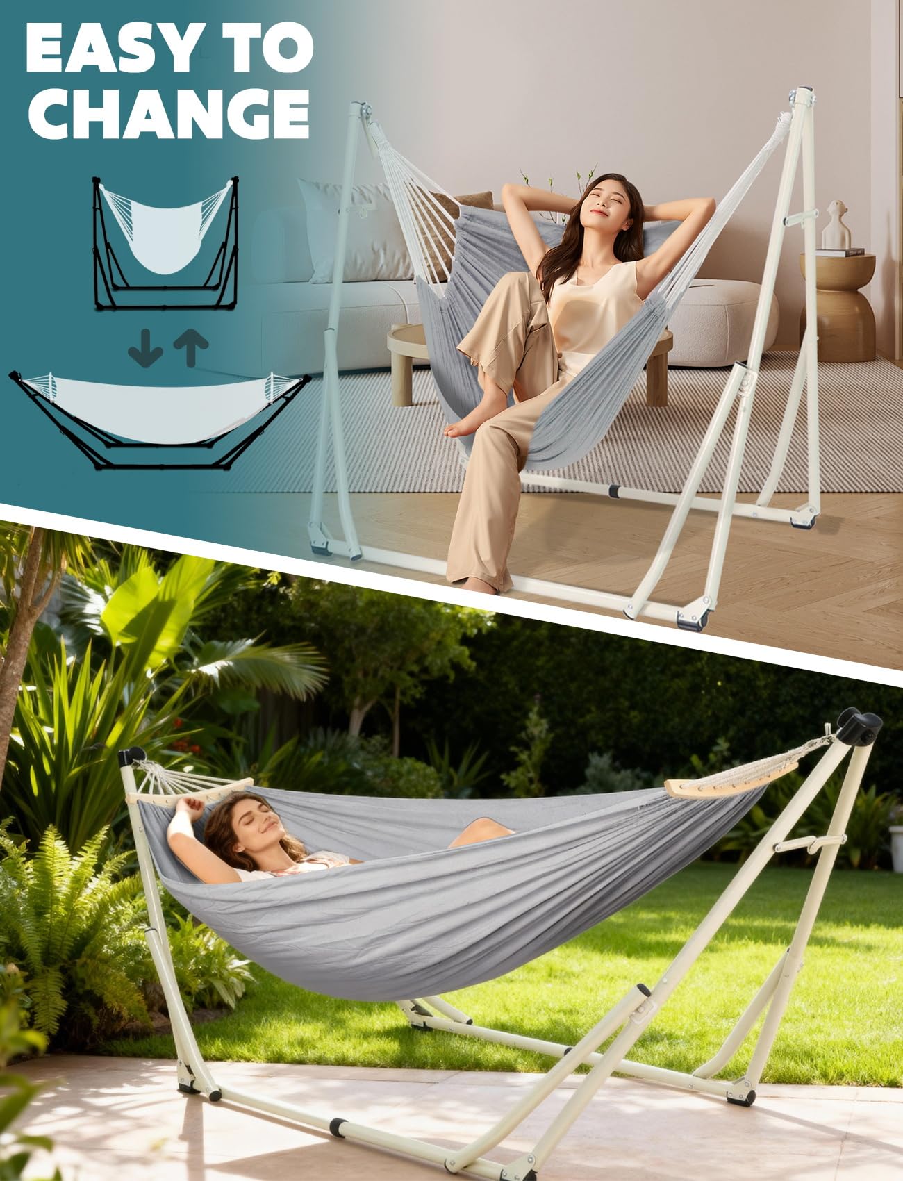 Anyoo 2 in 1 Hammock and Swinging Chair with Collapsible Steel Stand & Carrying Case,Portable & Adjustable,Easy Set Up for Outdoor,Indoor,Porch Swing,Patio,Garden,Camping Trip
