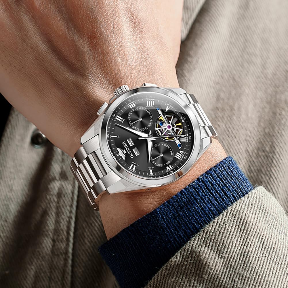 OUPINKE Men Skeleton Watch Automatic Mechanical Luxury Dress Waterproof Tourbillion Sapphire Crystal Wrist Watches for Men