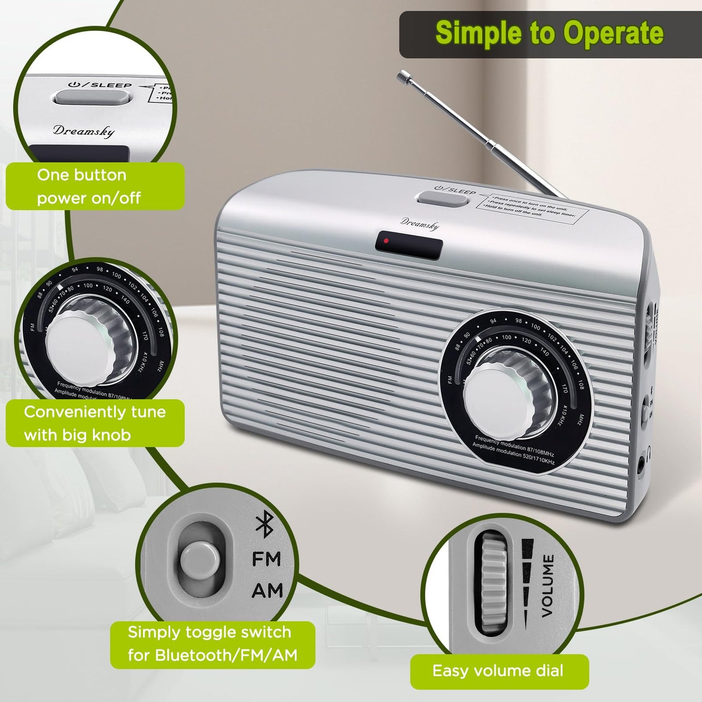 DreamSky AM FM Portable Radio Plug In Wall or Battery Operated for Home & Outdoor, Strong Reception & Sound, Large Dial Easy to Use, Transistor Antenna, Headphone Jack, Small Gifts for Seniors Elderly