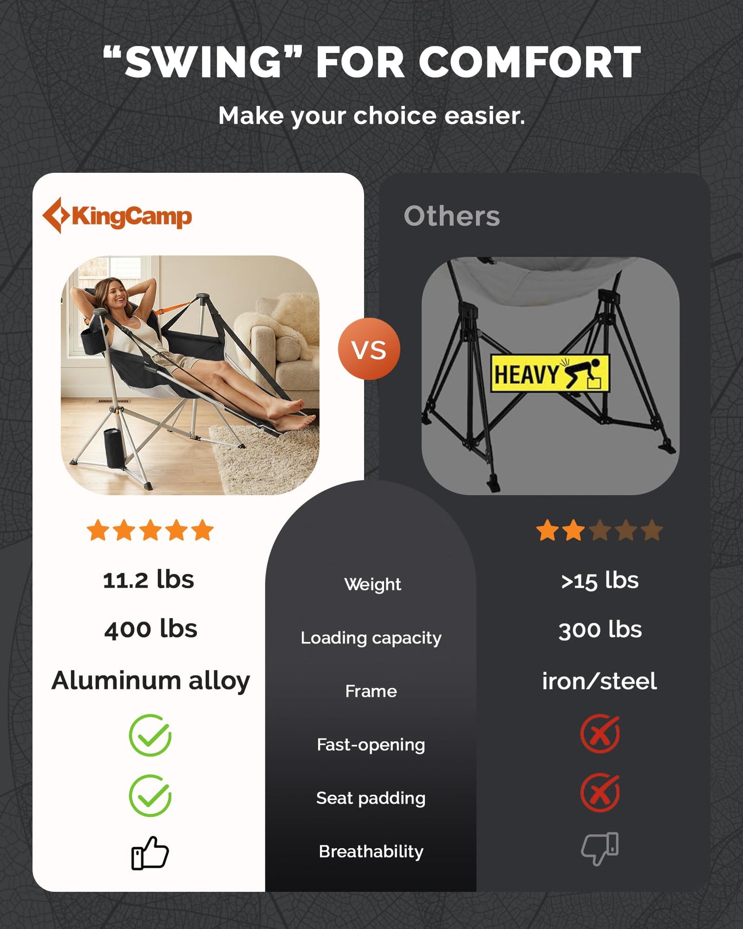 KingCamp Hammock Chair with Footrest – Heavy Duty Swinging Rocking Camping Chairs for Adults up to 400lbs, Folding Portable Oversized Rocker with Cup Holder & Pillow for Outdoor Beach Lawn RV Sports