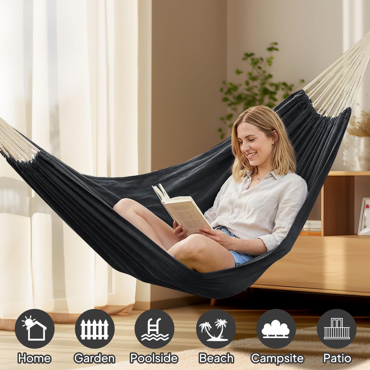 ANYOO Cotton Hammock Portable Camping Hammocks for Hanging Sturdy Garden Comfortable Fabric Hammock with Tree Straps Up to 660lbs with Travel Bag for Camping Outdoor/Indoor Patio Backyard