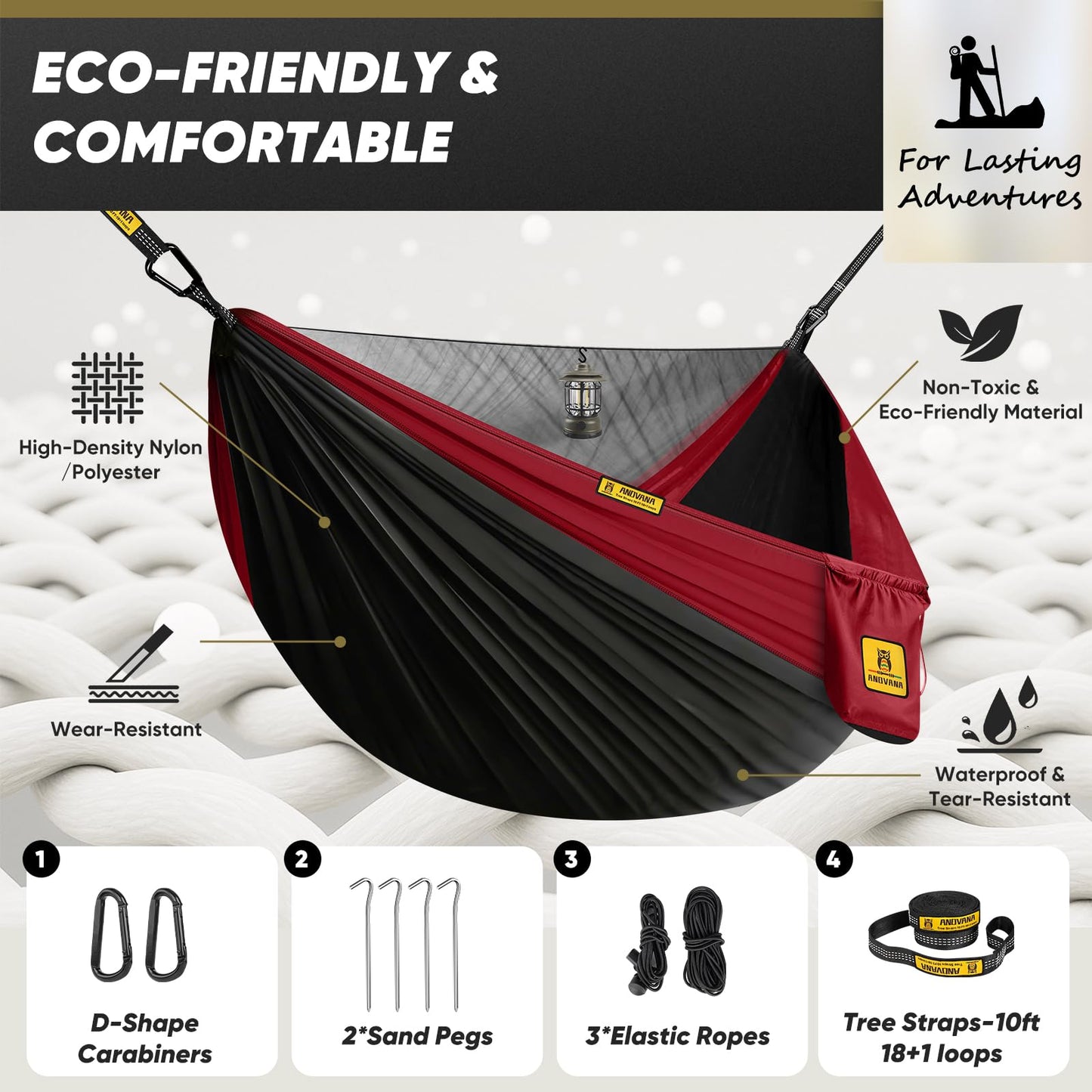 Camping Hammock with Mosquito Net, 600 lbs Portable Hammock with Tree Straps, 2-in-1 Double/Single Travel Hammock Tent for Outside/Indoor/Backpacking/Beach - Black & Grey