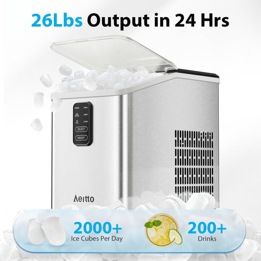 Aeitto Ice Maker Countertop 26lbs/24H, Ice Machine 8 Ice Cubes Ready in 6 Mins, 2 Sizes of Bullet Ice Portable Ice Makers with Basket & Scoop, Auto Self-Cleaning for Home/Kitchen/Office Stainless