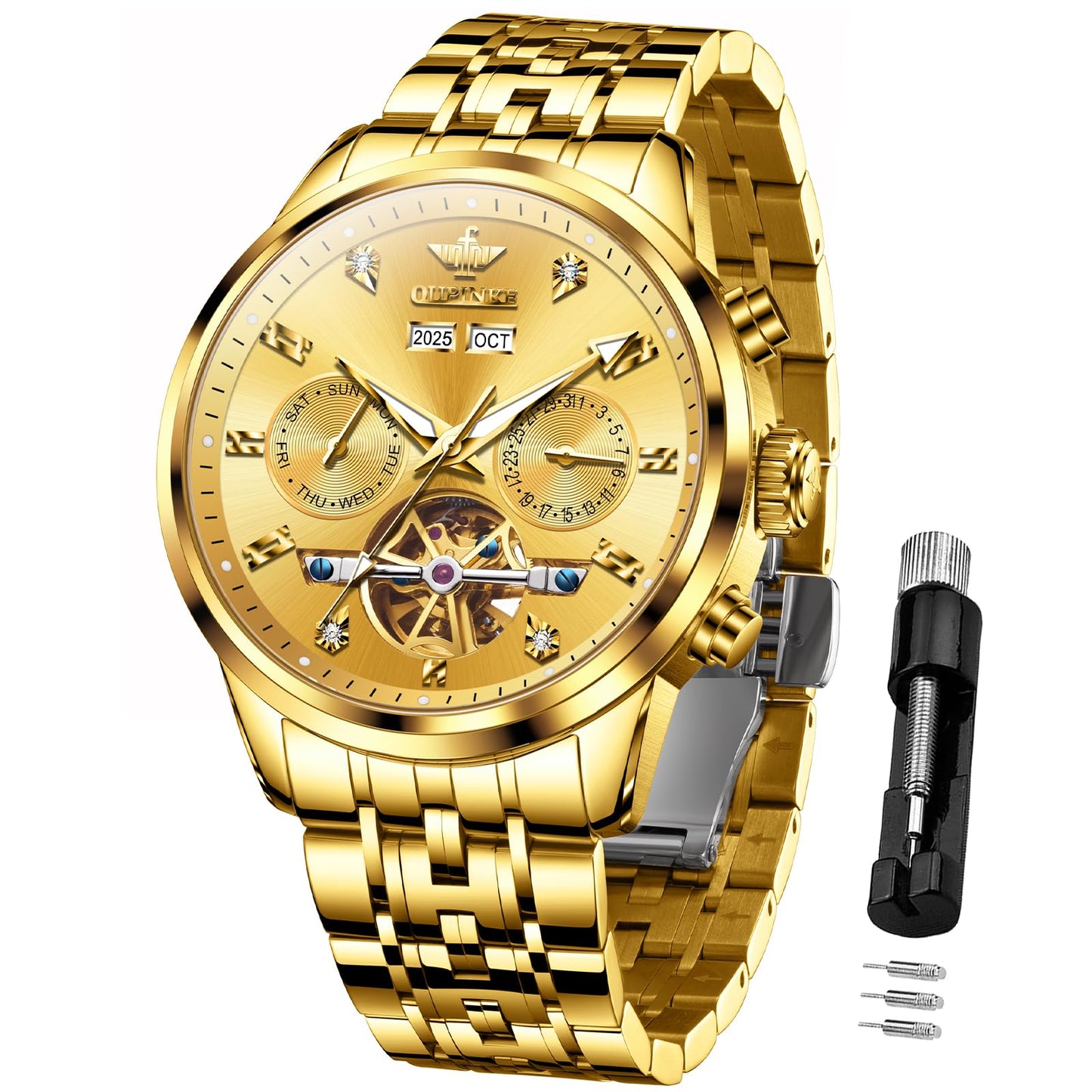OUPINKE Men Skeleton Watch Automatic Mechanical Luxury Dress Waterproof Tourbillion Sapphire Crystal Wrist Watches for Men